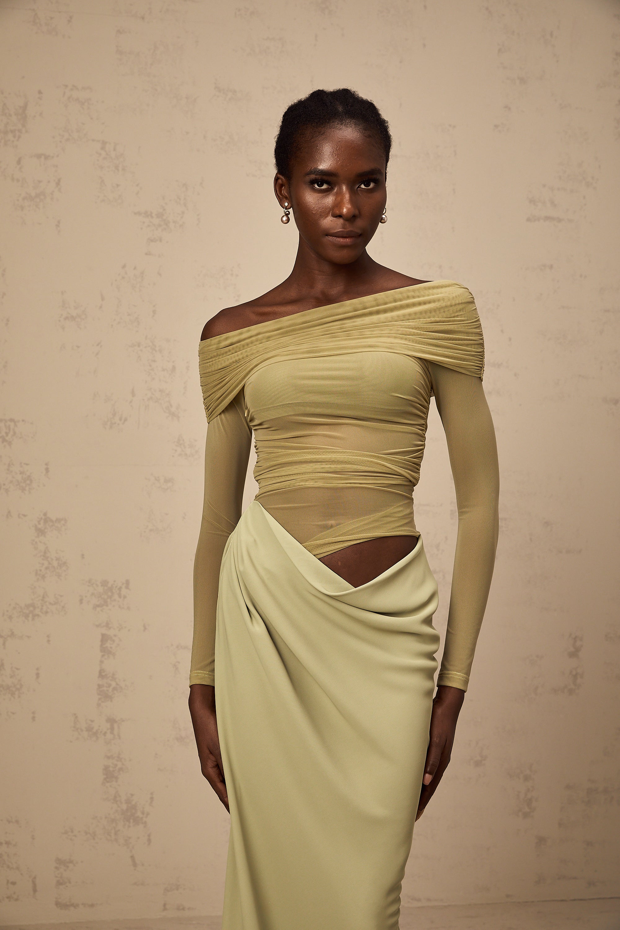 Estelle off-shoulder semi-sheer midi dress in Green (Final Sale-US Only)