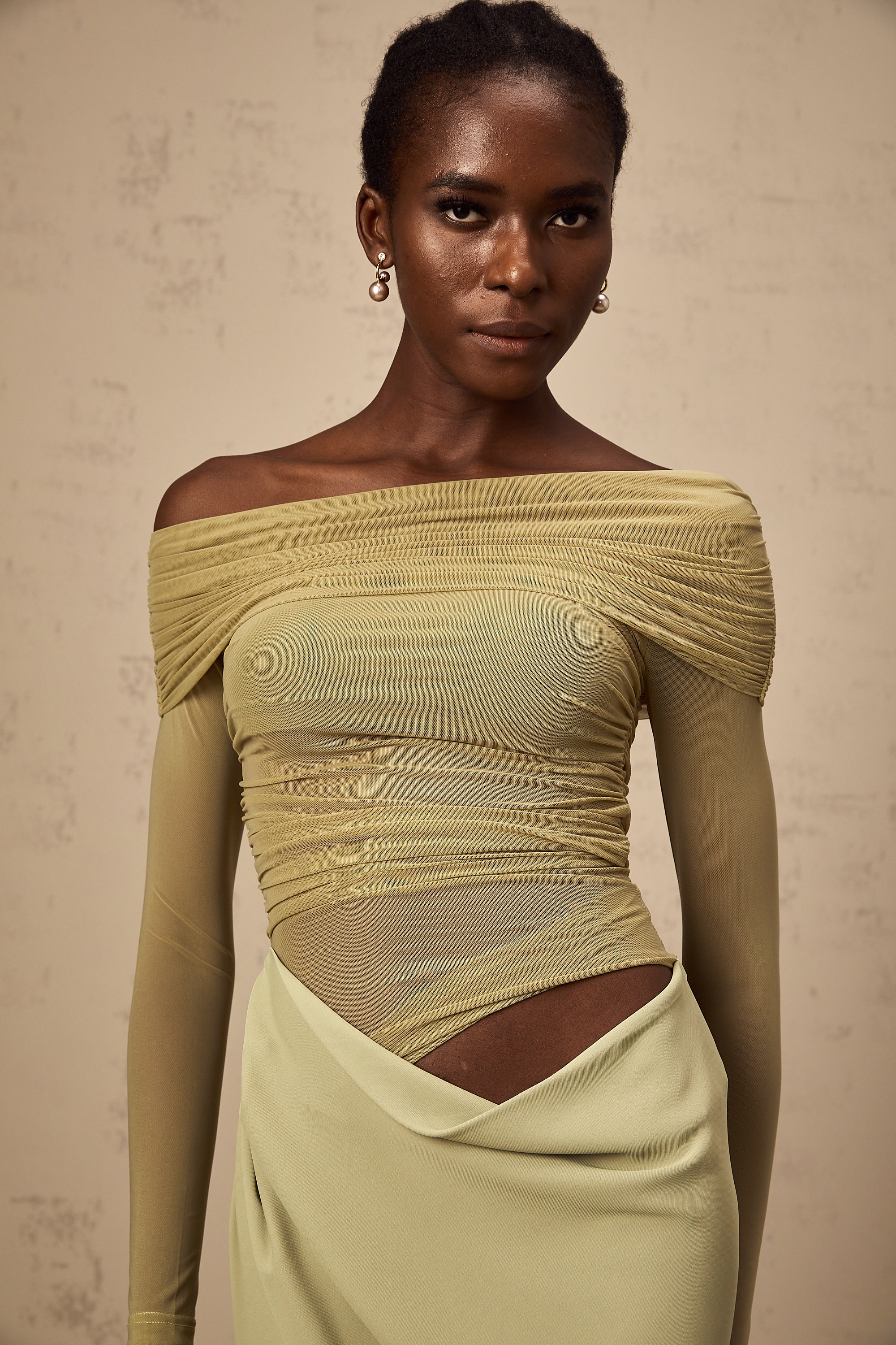 Estelle off-shoulder semi-sheer midi dress in Green (Final Sale-US Only)