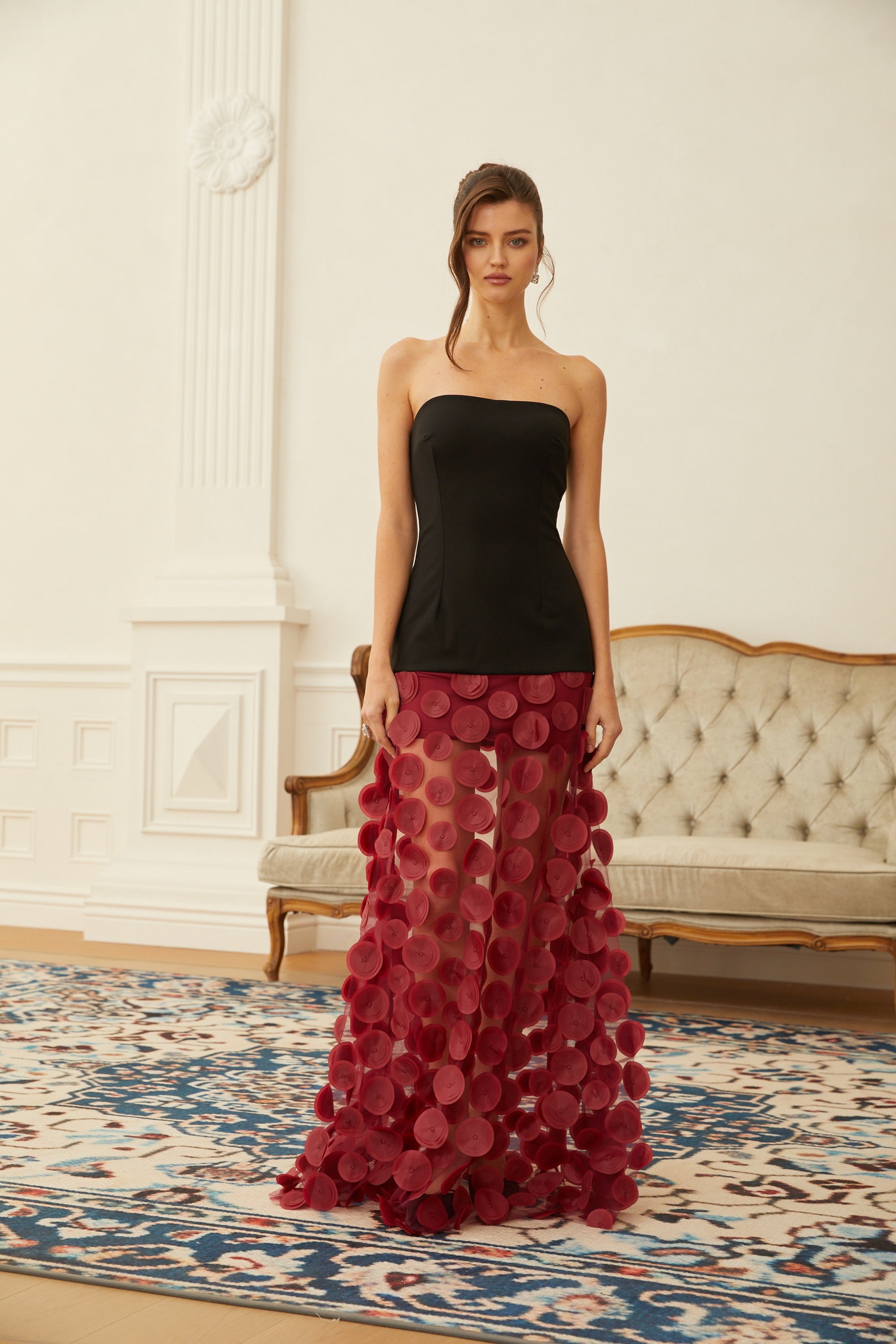 Xénia Red Contrast Color 3D Polka Dot Maxi Dress