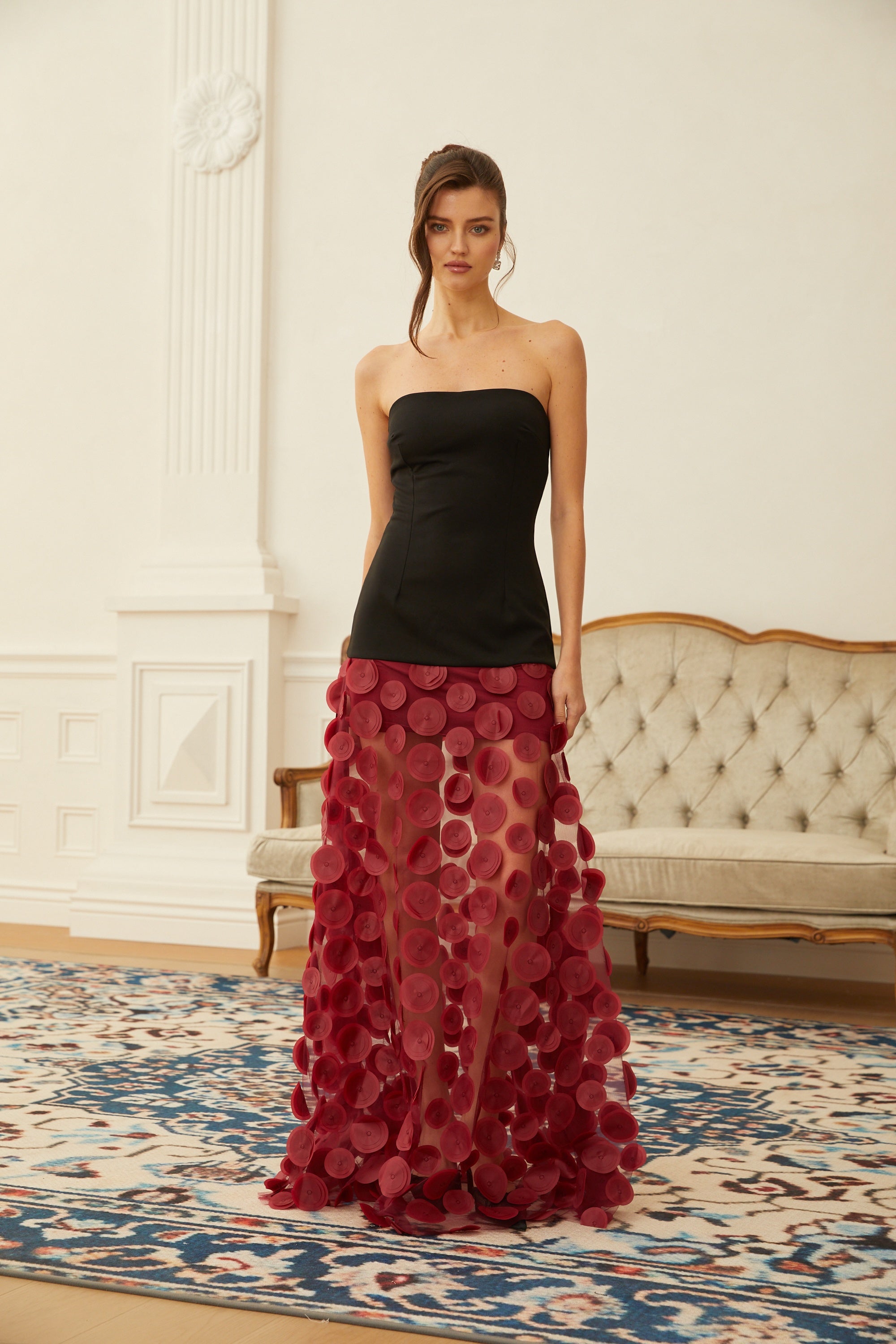 Xénia Red Contrast Color 3D Polka Dot Maxi Dress