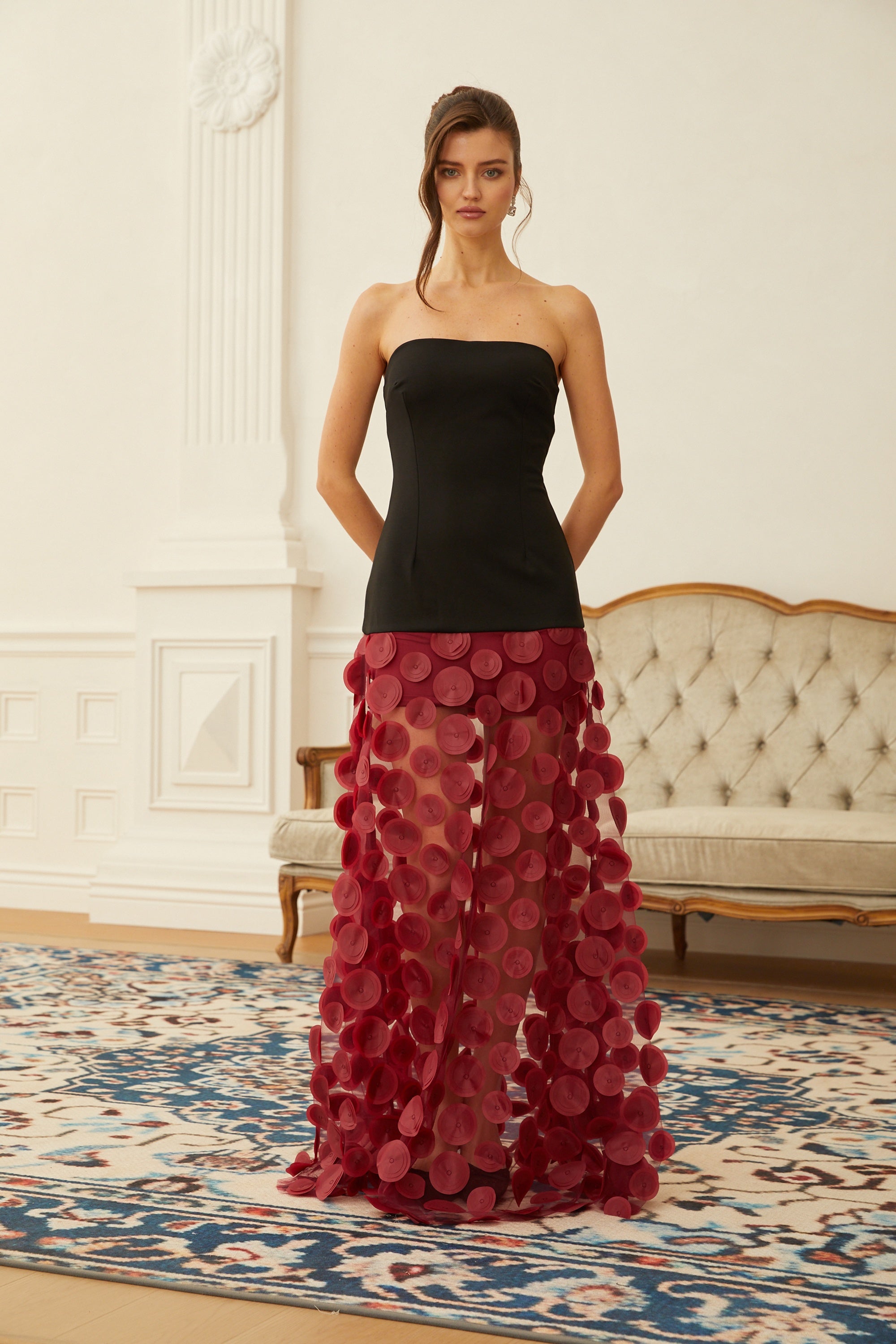 Xénia Red Contrast Color 3D Polka Dot Maxi Dress