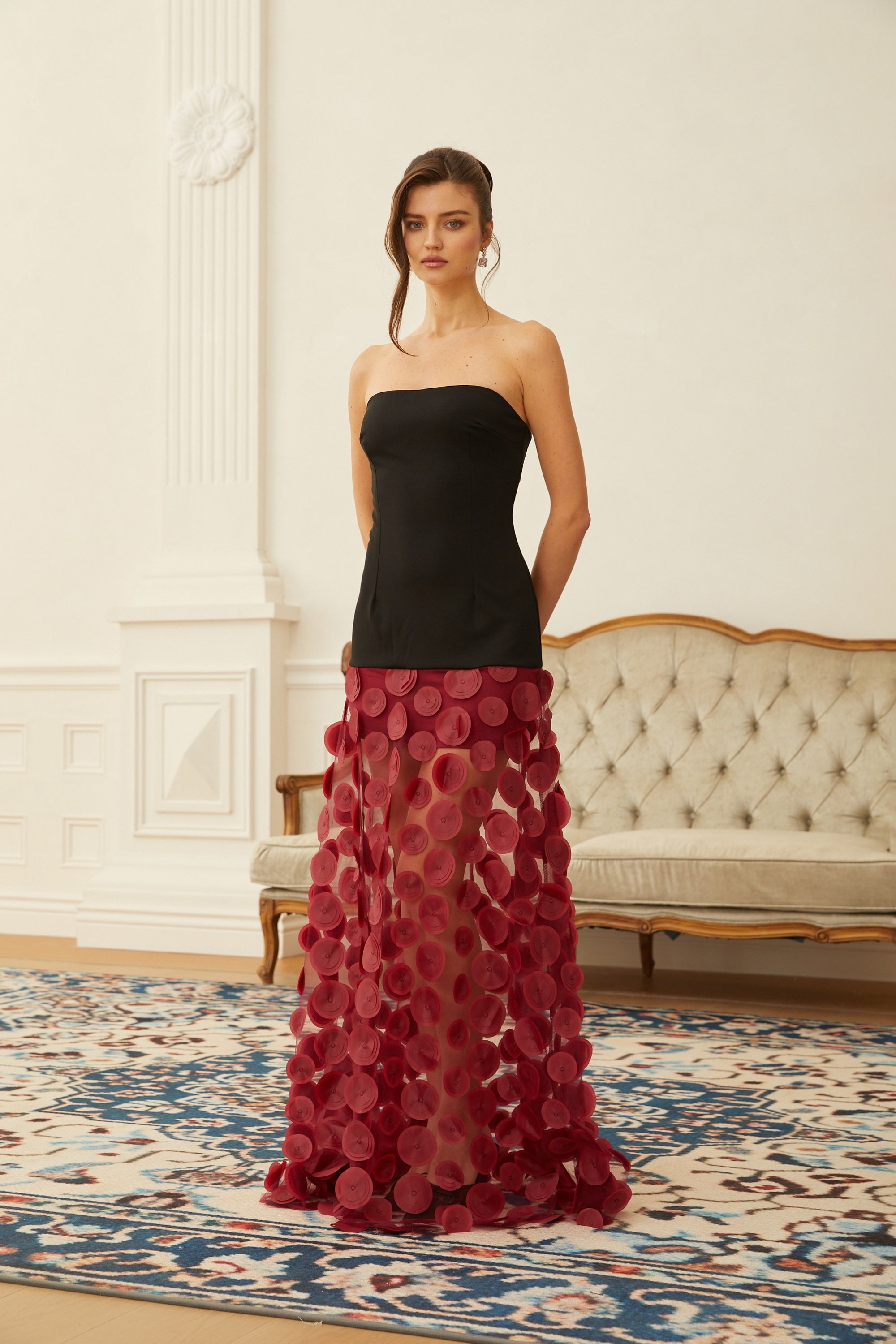 Xénia Red Contrast Color 3D Polka Dot Maxi Dress