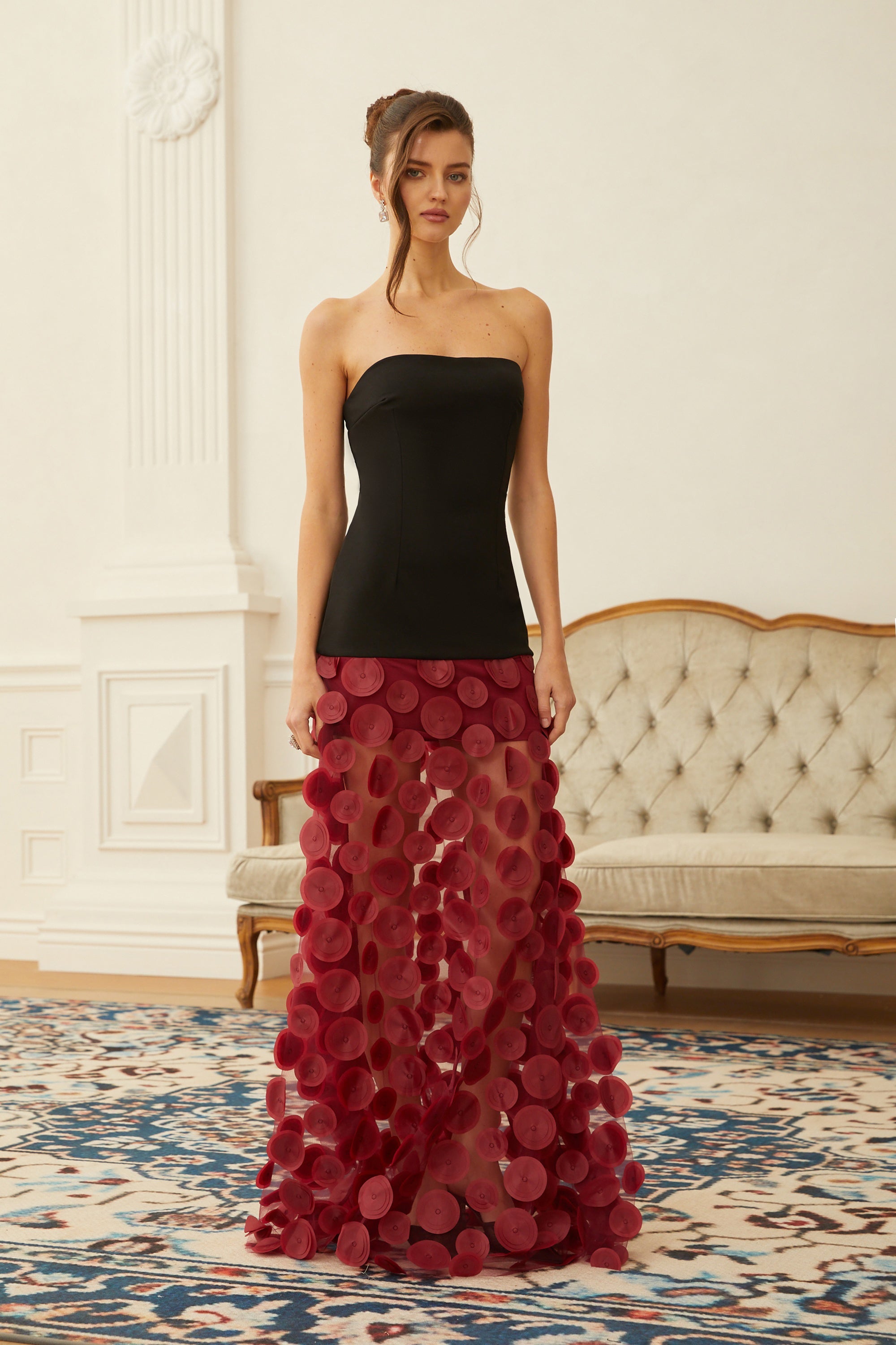Xénia Red Contrast Color 3D Polka Dot Maxi Dress