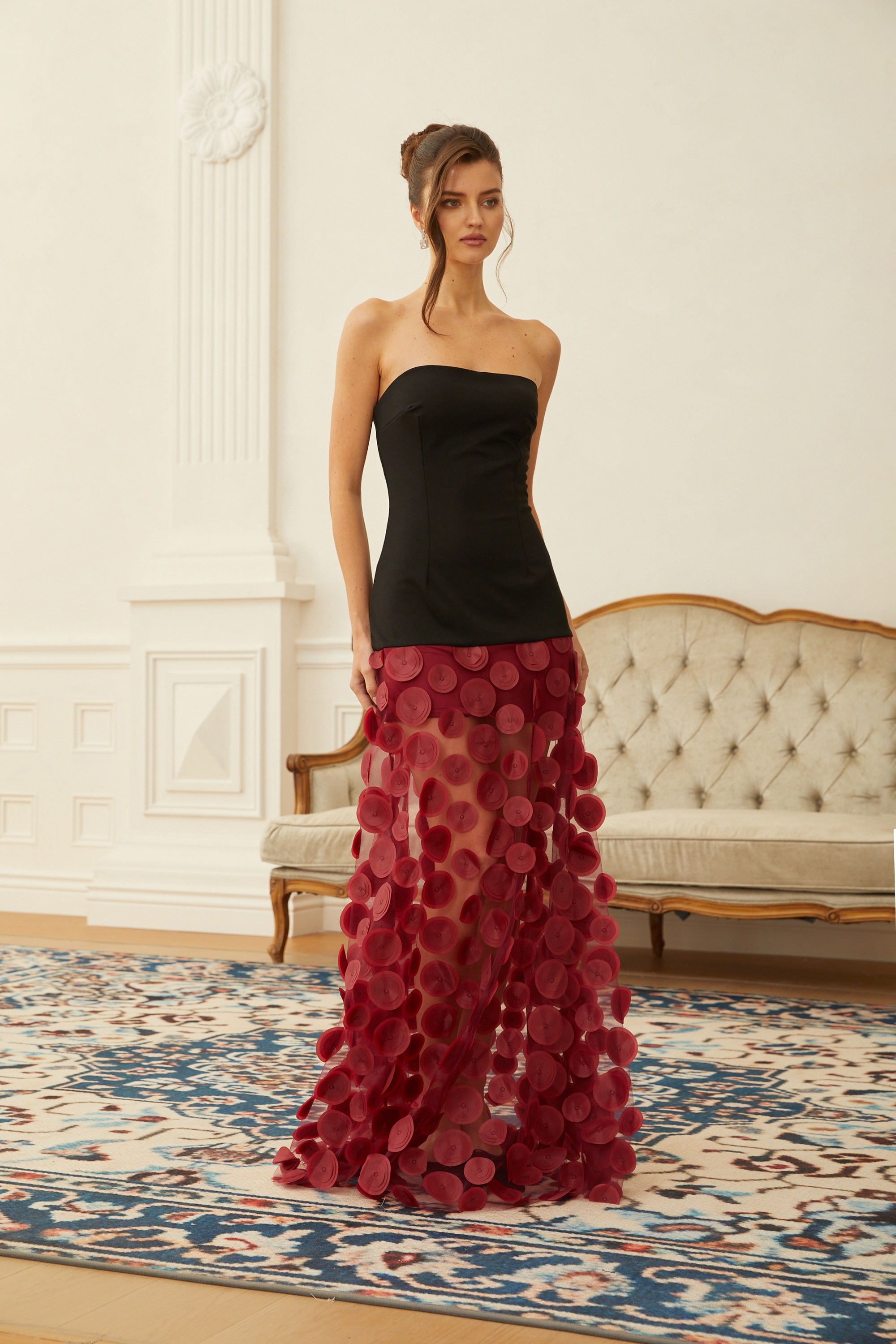 Xénia Red Contrast Color 3D Polka Dot Maxi Dress