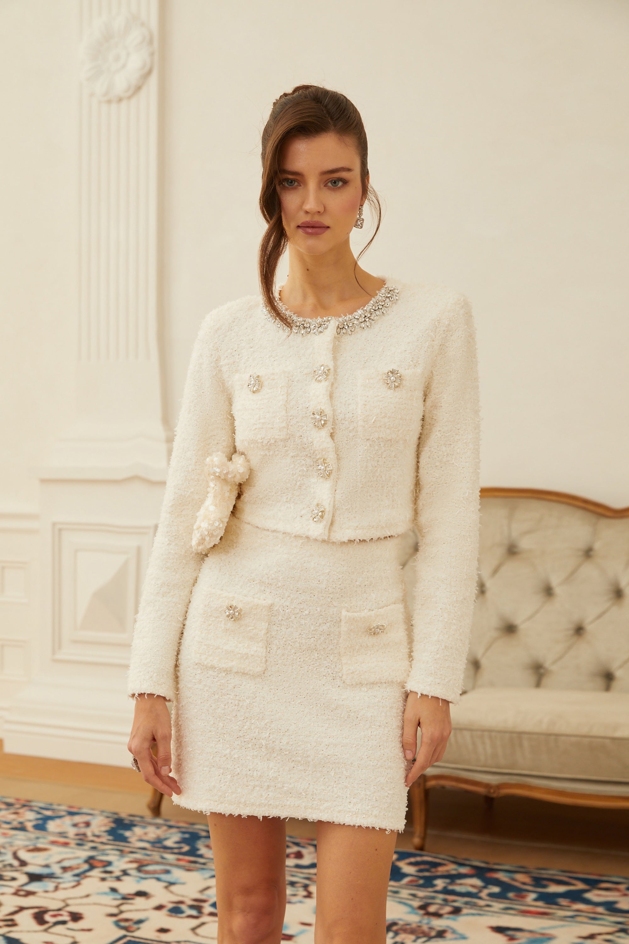 Cornelia White Embellished Tweed Jacket & Skirt Set