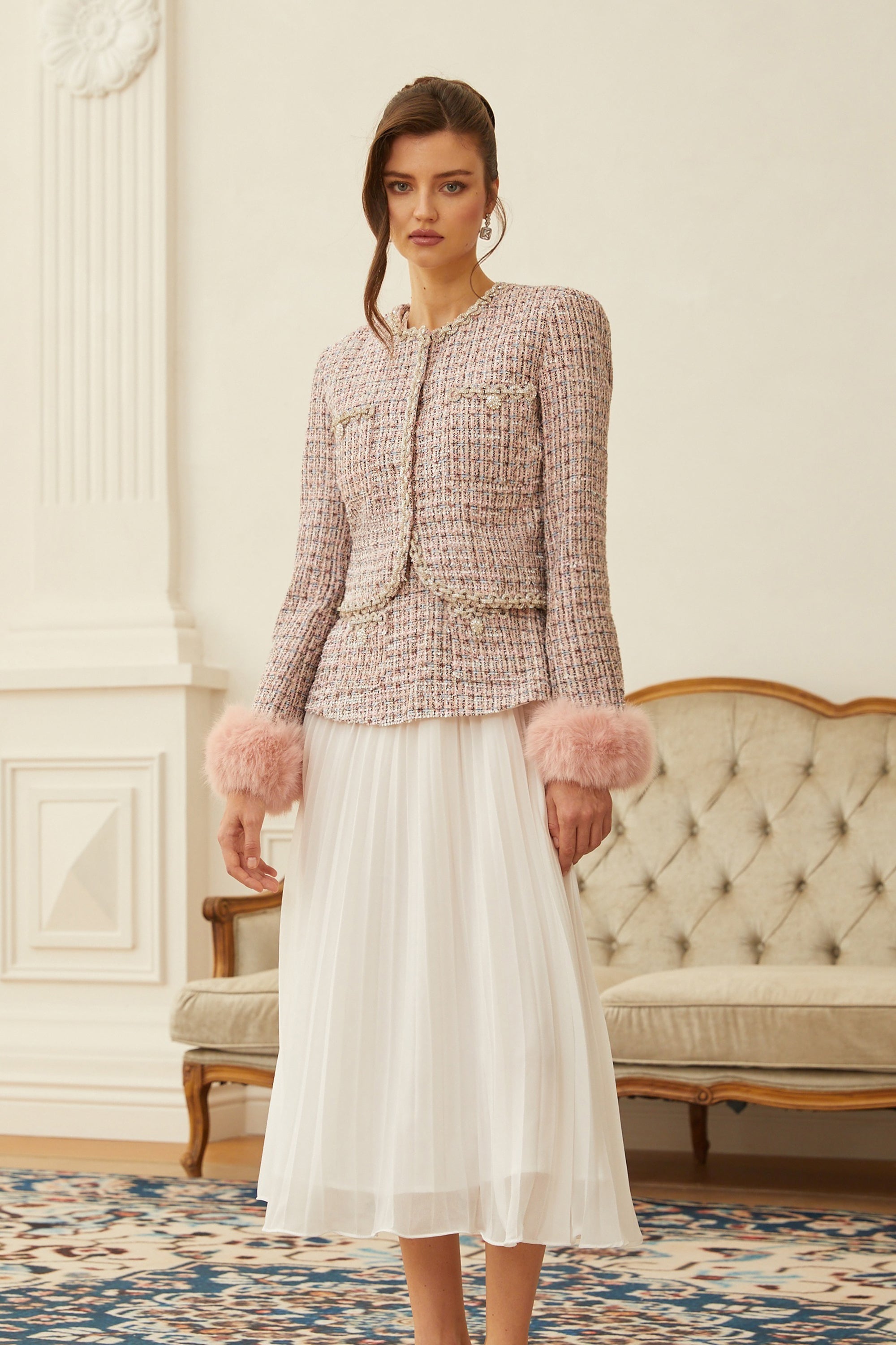 Lola Pink Embellished Checked Tweed Jacket