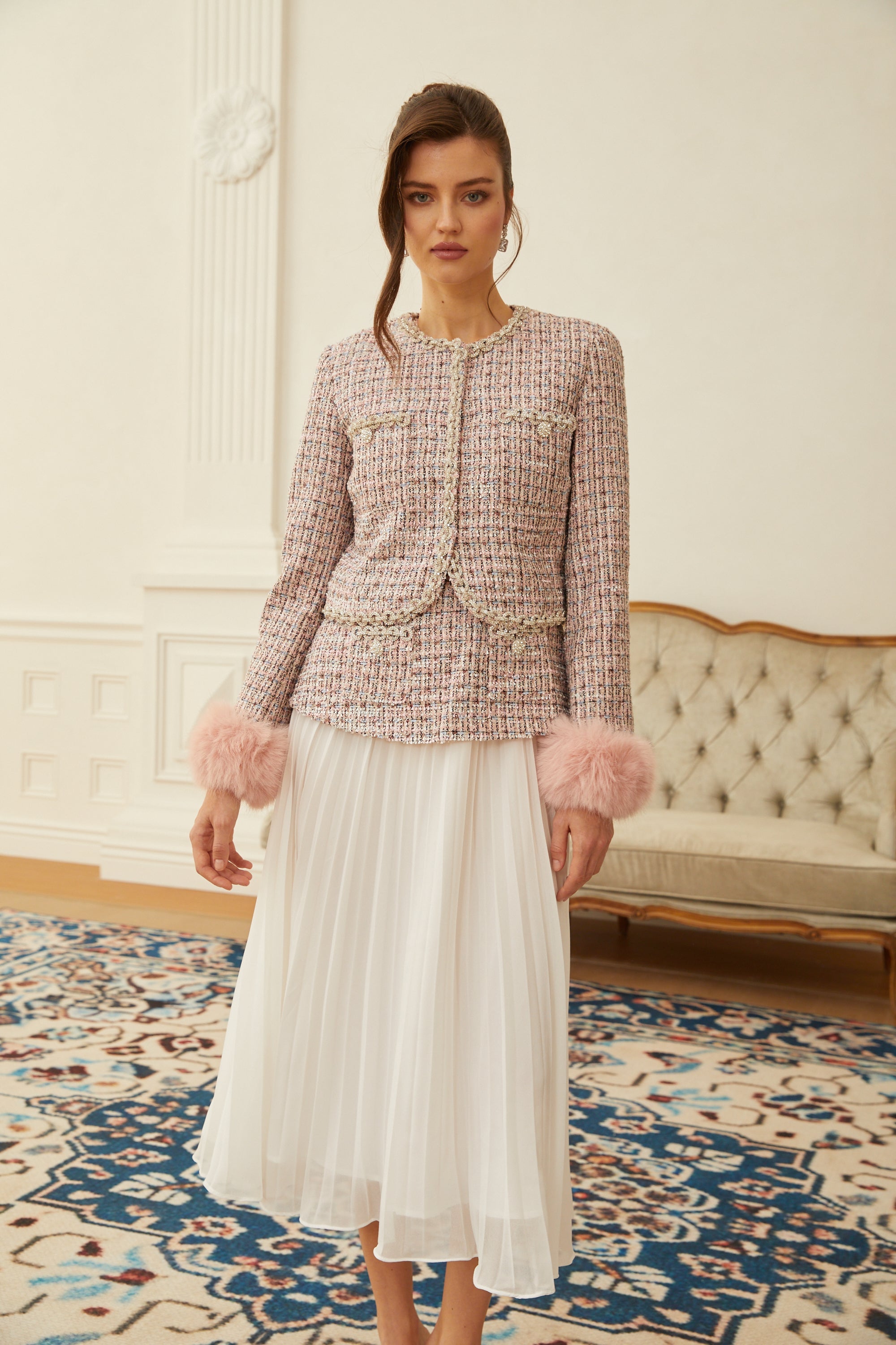 Lola Pink Embellished Checked Tweed Jacket