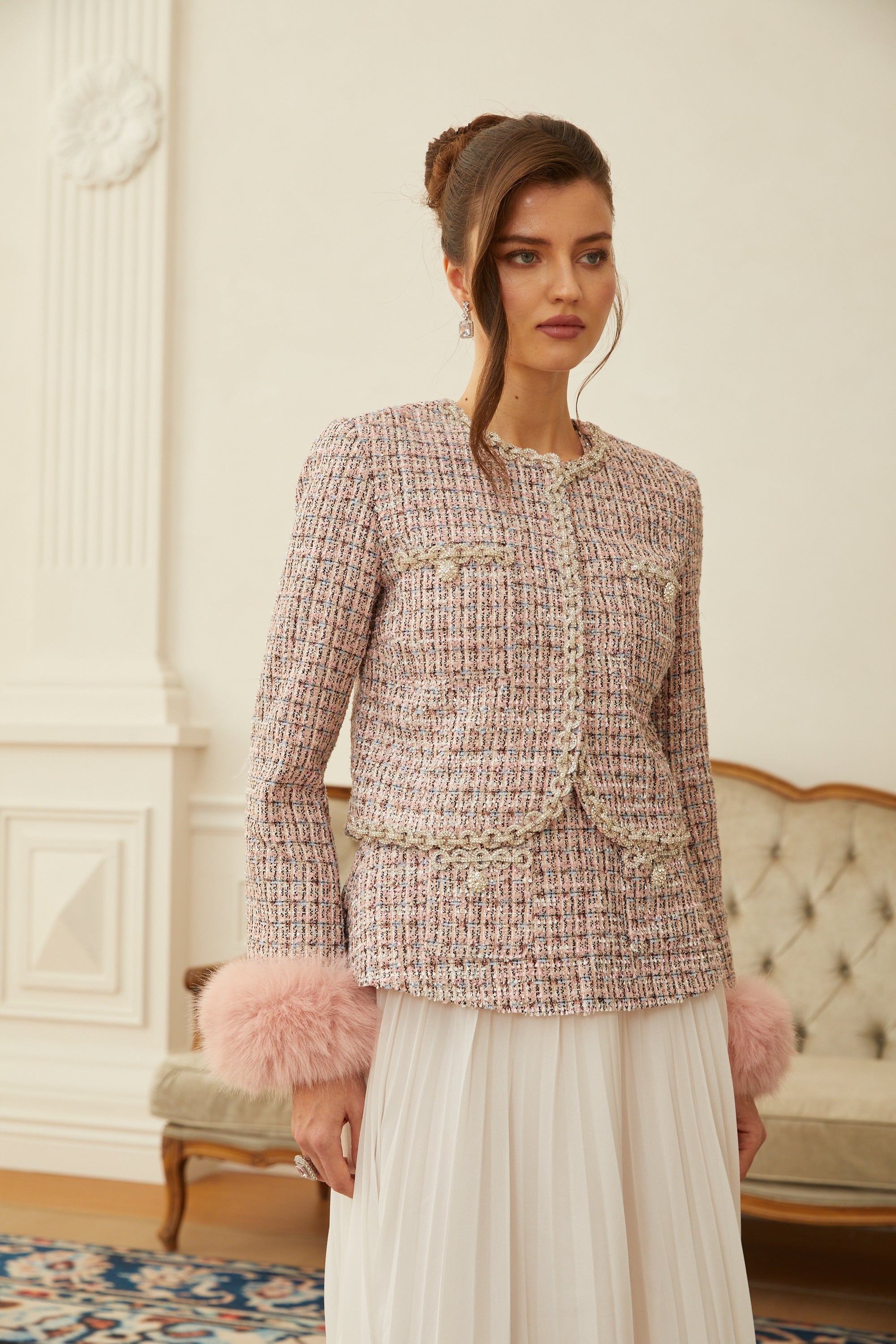 Lola Pink Embellished Checked Tweed Jacket
