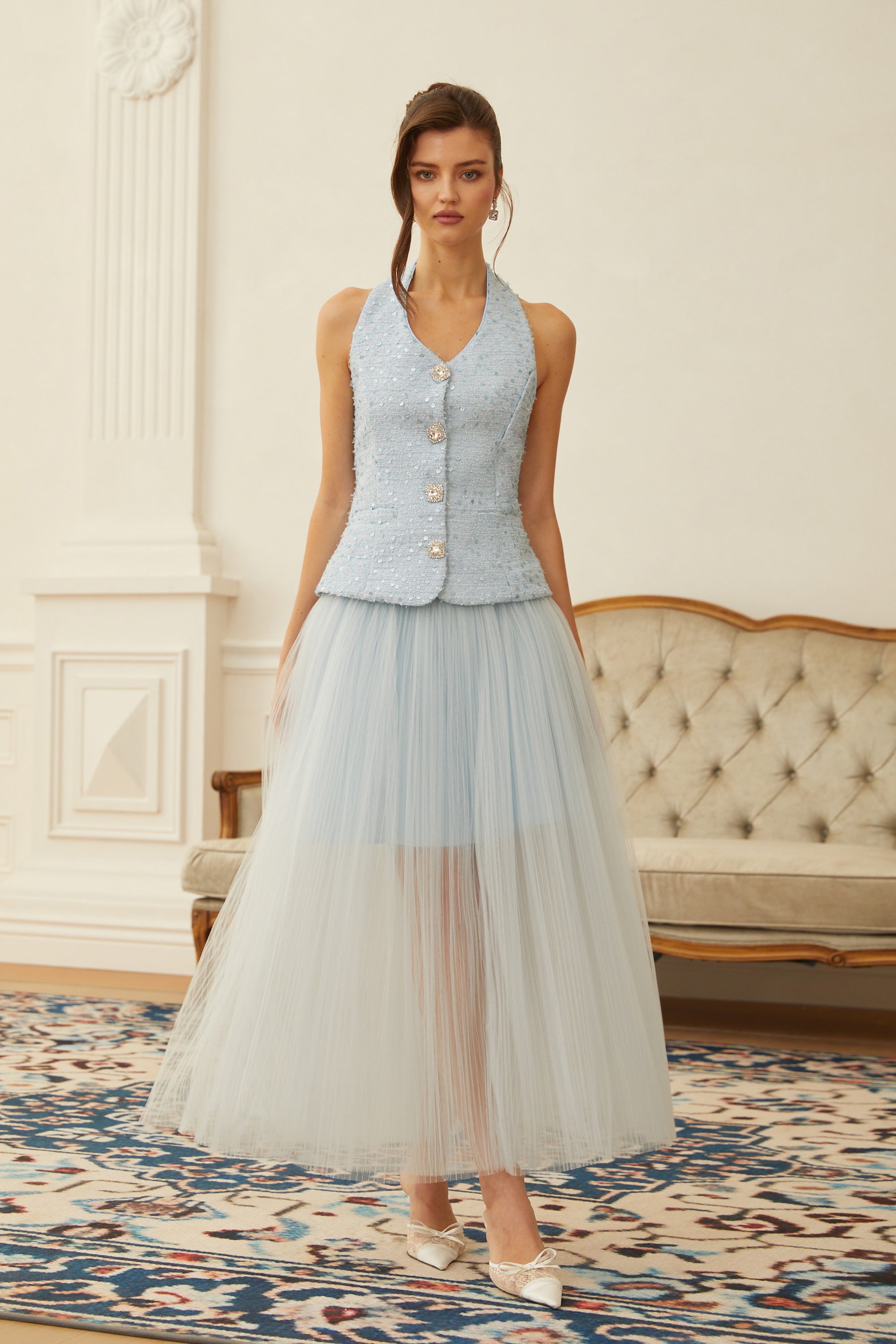 Margareta Blue Tweed Waistcoat & Tulle Skirt Set