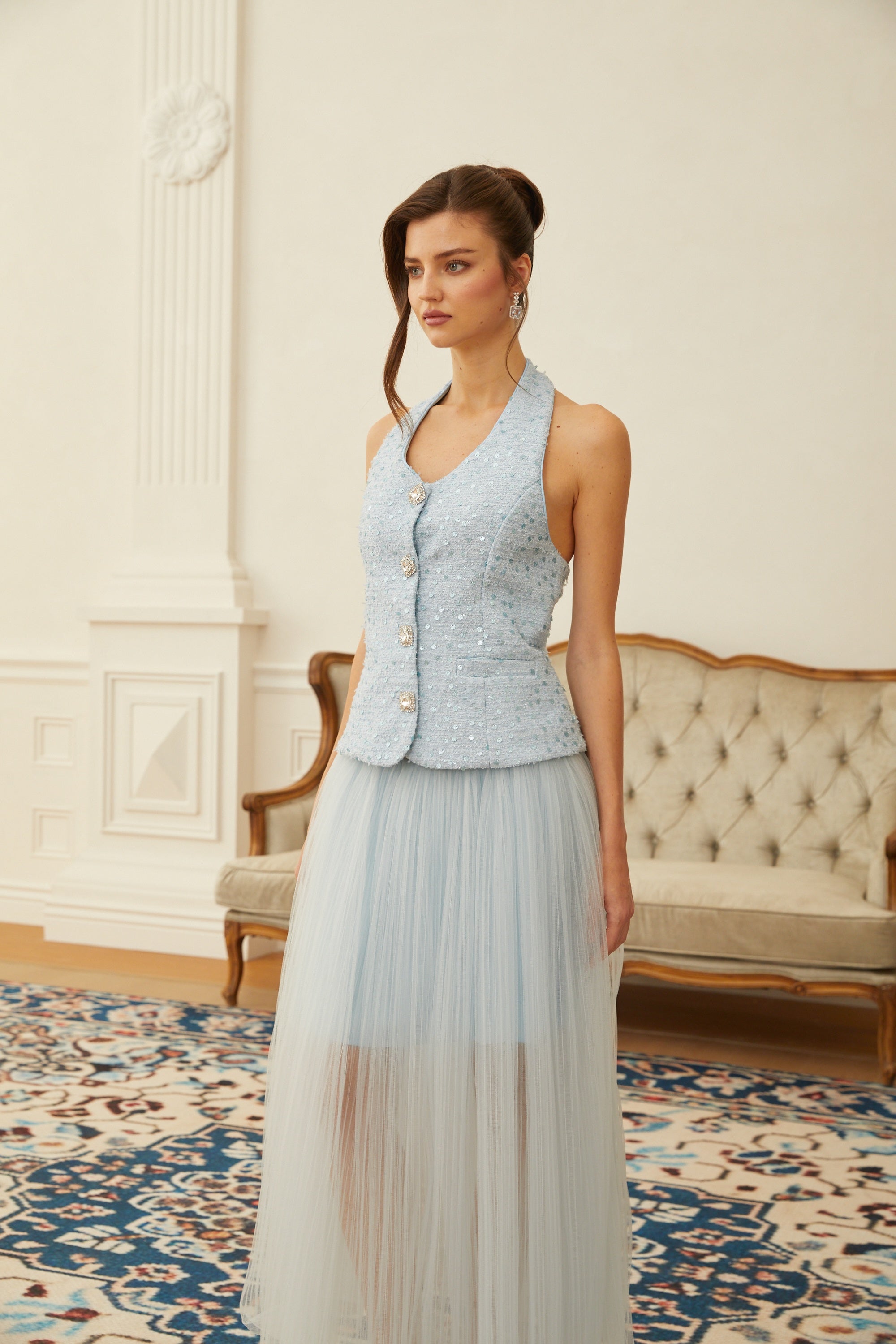 Margareta Blue Tweed Waistcoat & Tulle Skirt Set (Final Sale)
