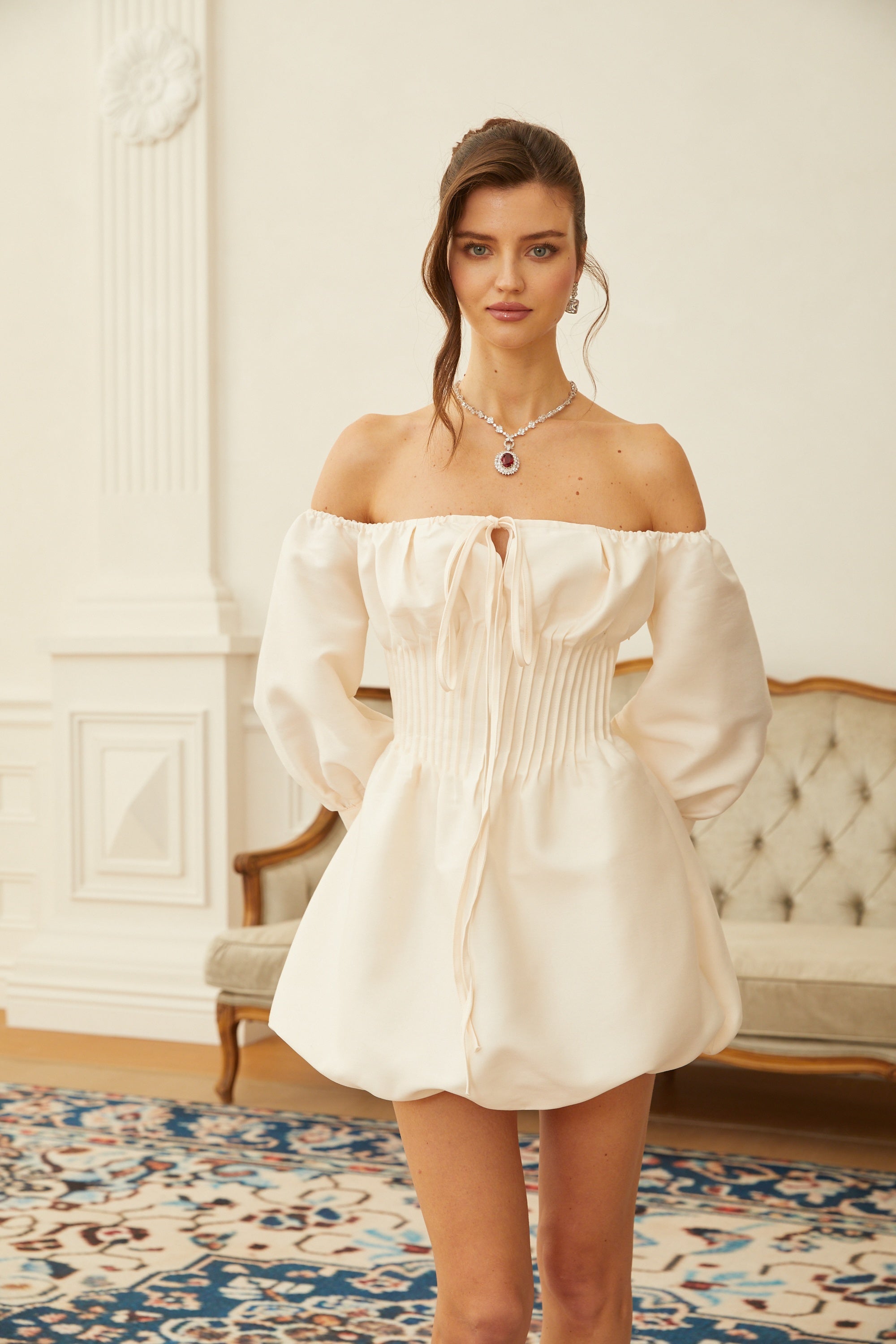 Bianca White Off Shoulder Pleated Panel Mini Dress