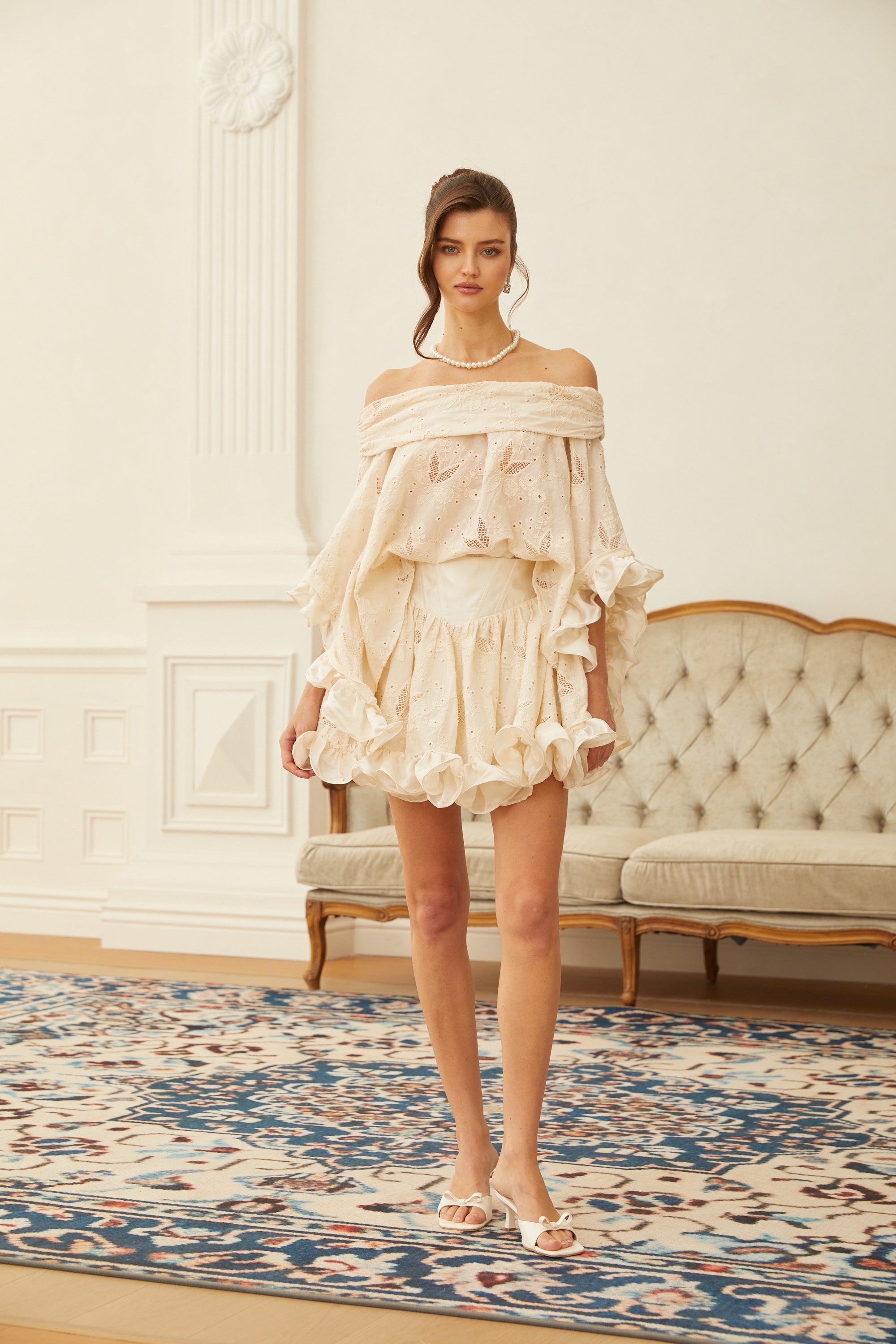 Alva Neutral Crochet Floral Embroidered Blouse & Skirt Set