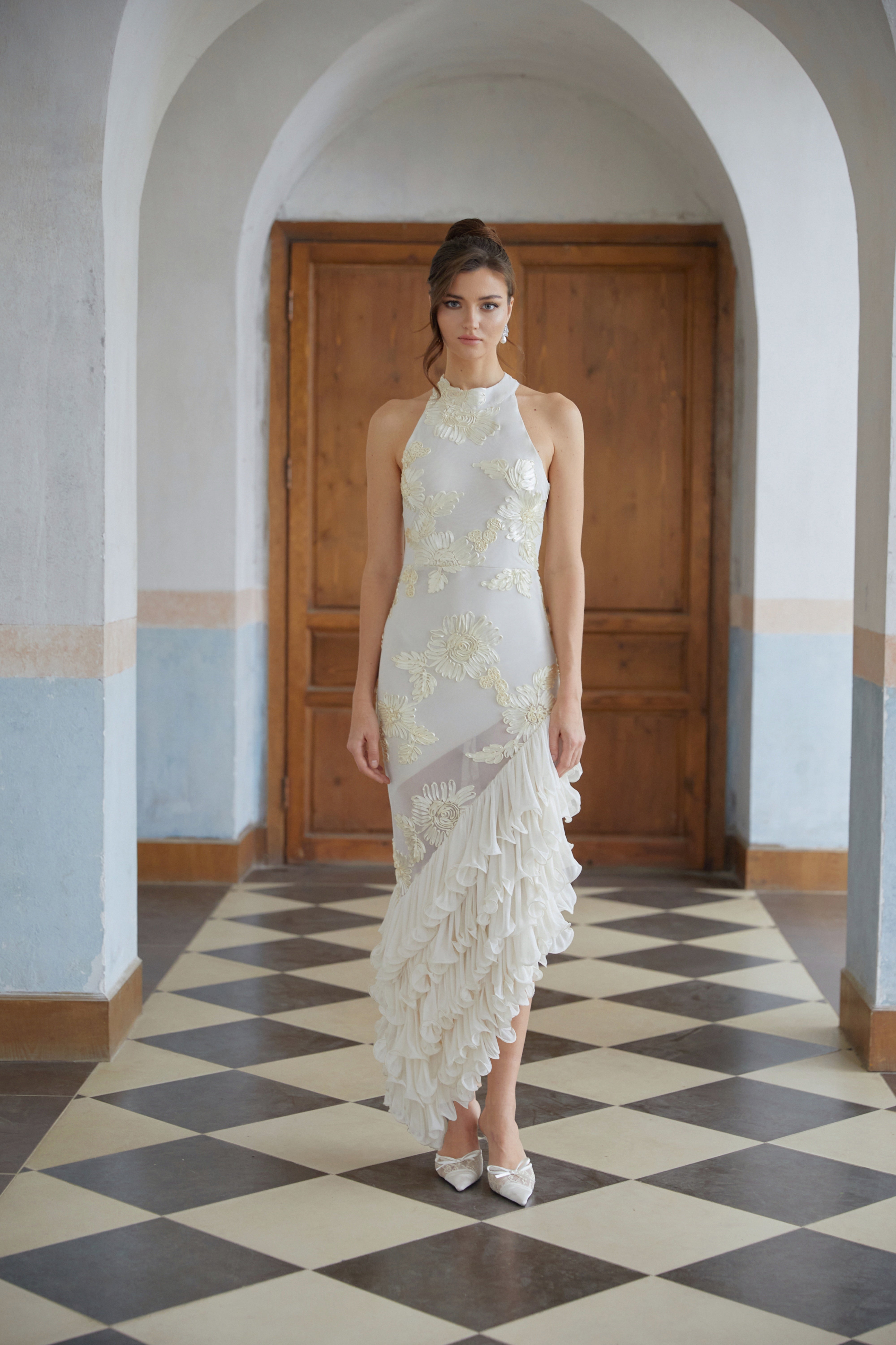 Théoline Neutral Asymmetrical Ruffled Floral Midi Dress