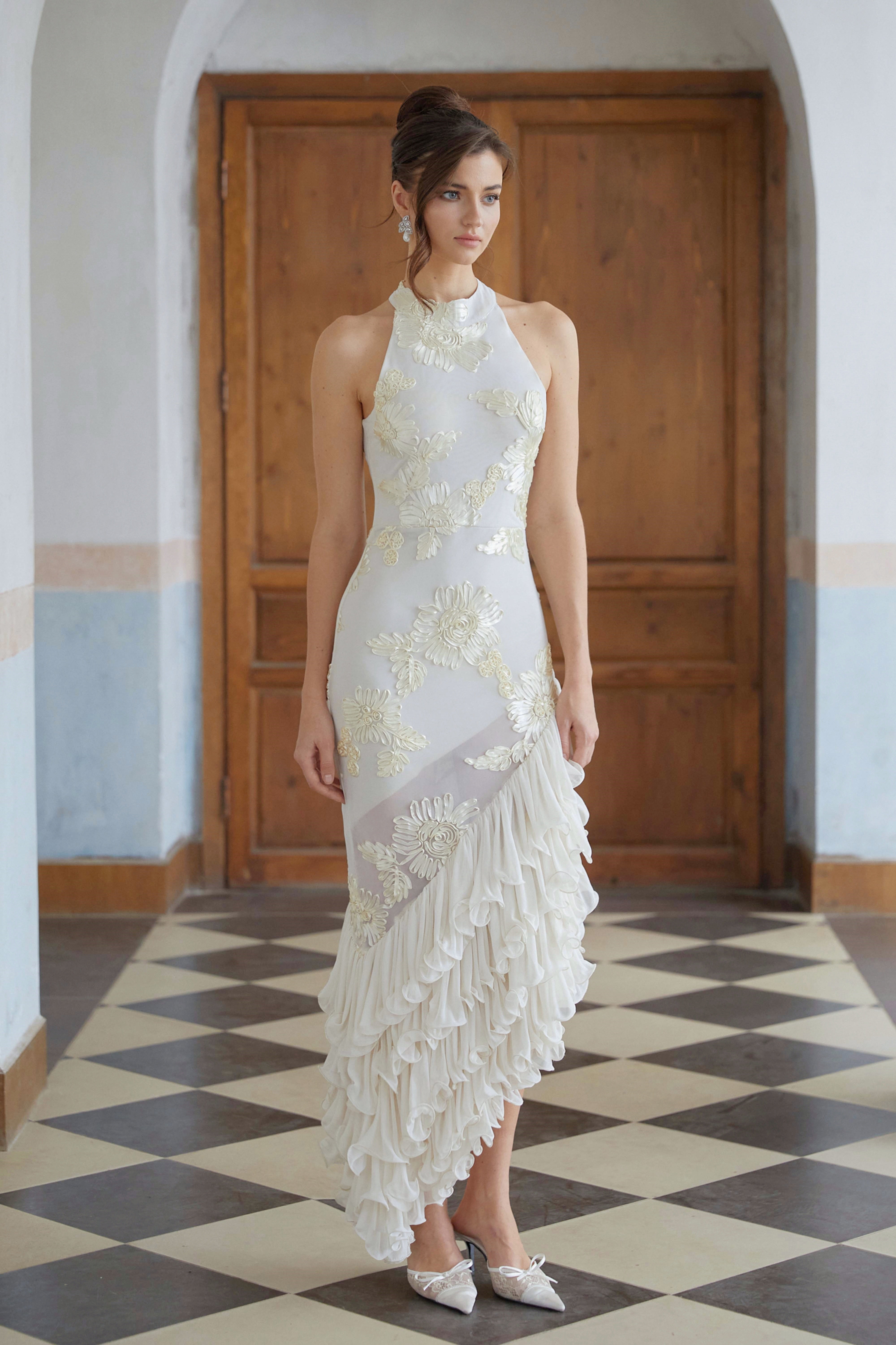 Théoline Neutral Asymmetrical Ruffled Floral Midi Dress (Final Sale-US Only)