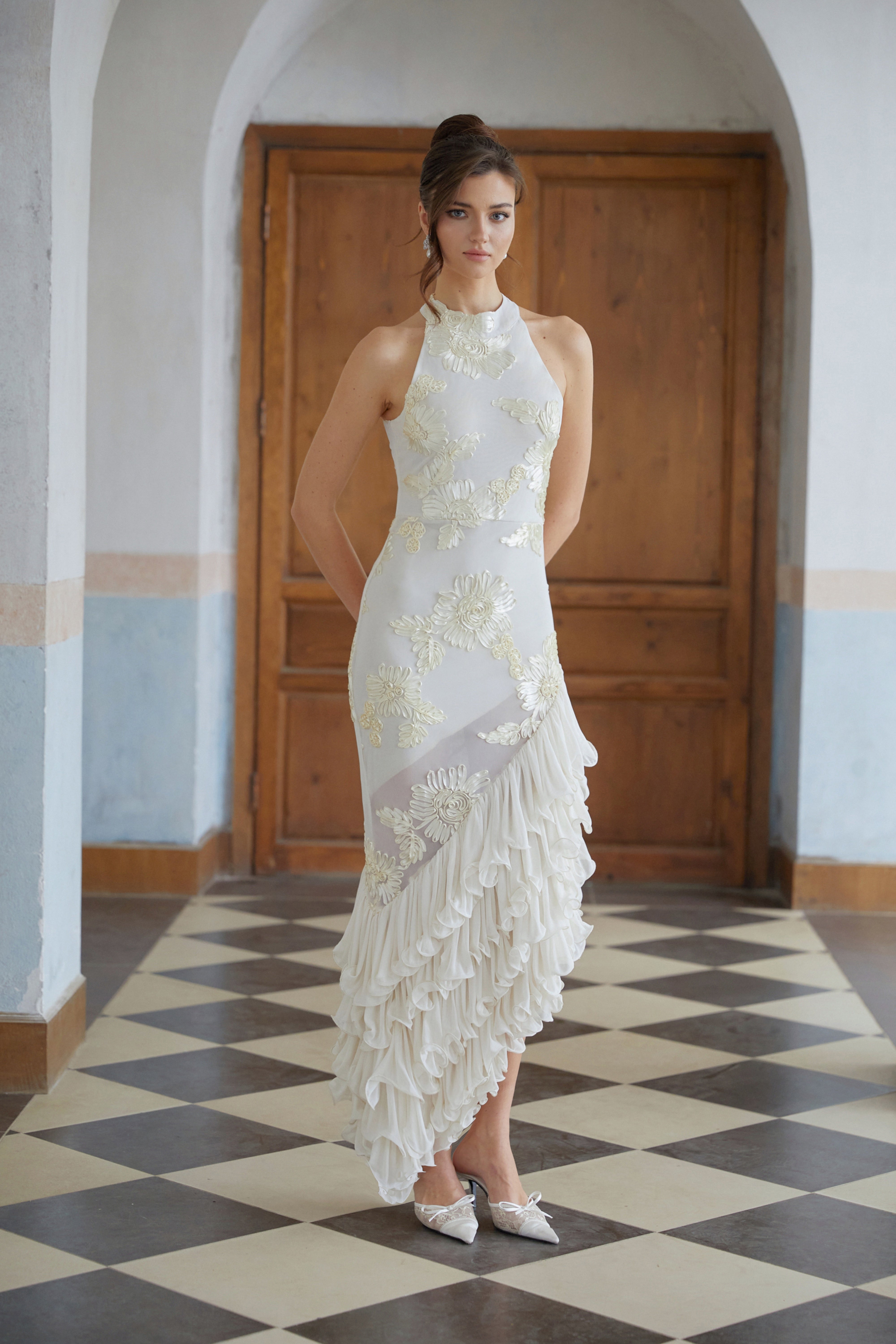 Théoline Neutral Asymmetrical Ruffled Floral Midi Dress