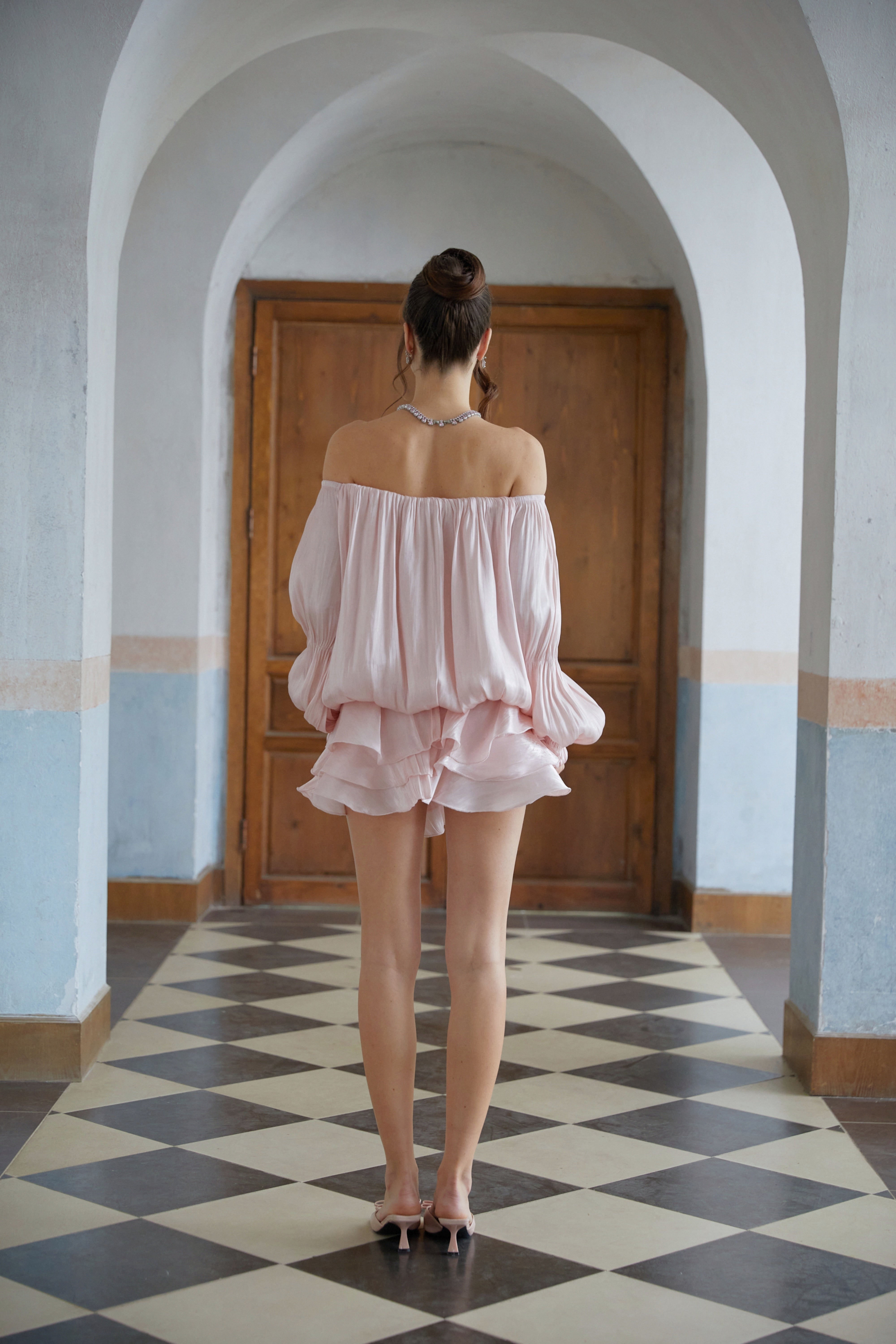 Zofia Pink Glossy Pleated Tiered Mini Dress