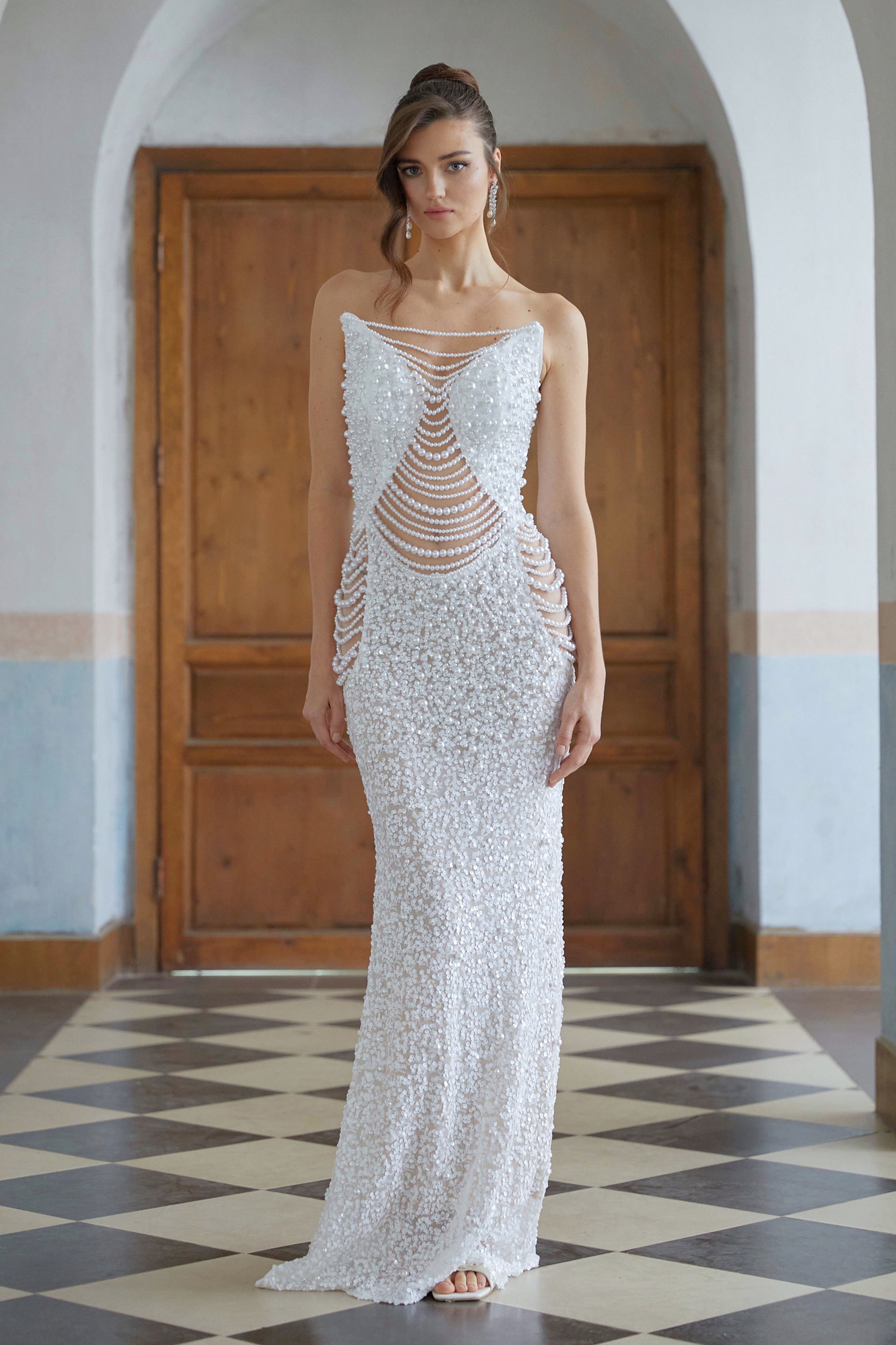 Iseult White Faux Pearl Mesh Maxi Gown