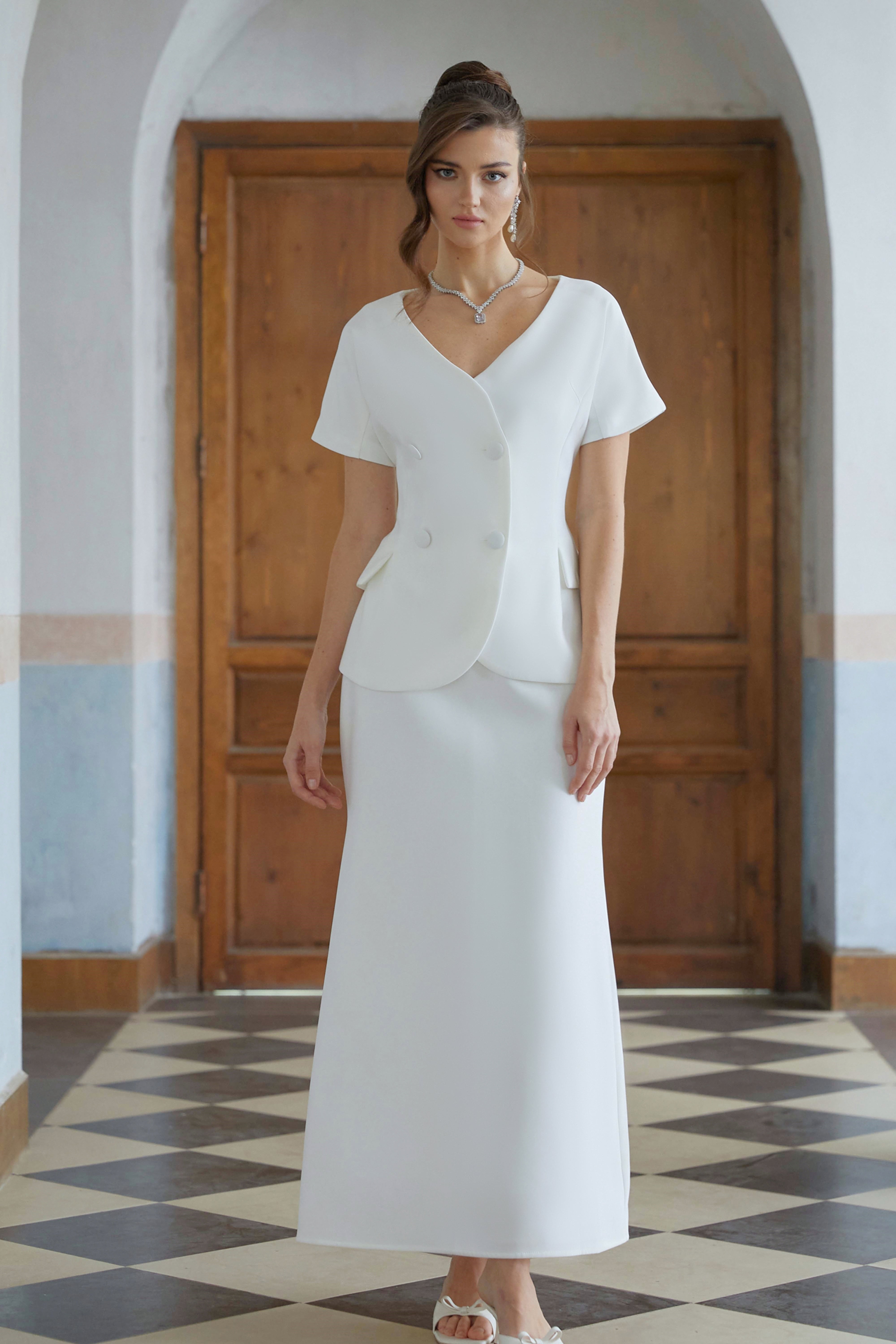 Halsey White Double-Breasted Top & Flared Skirt Set (Final Sale)