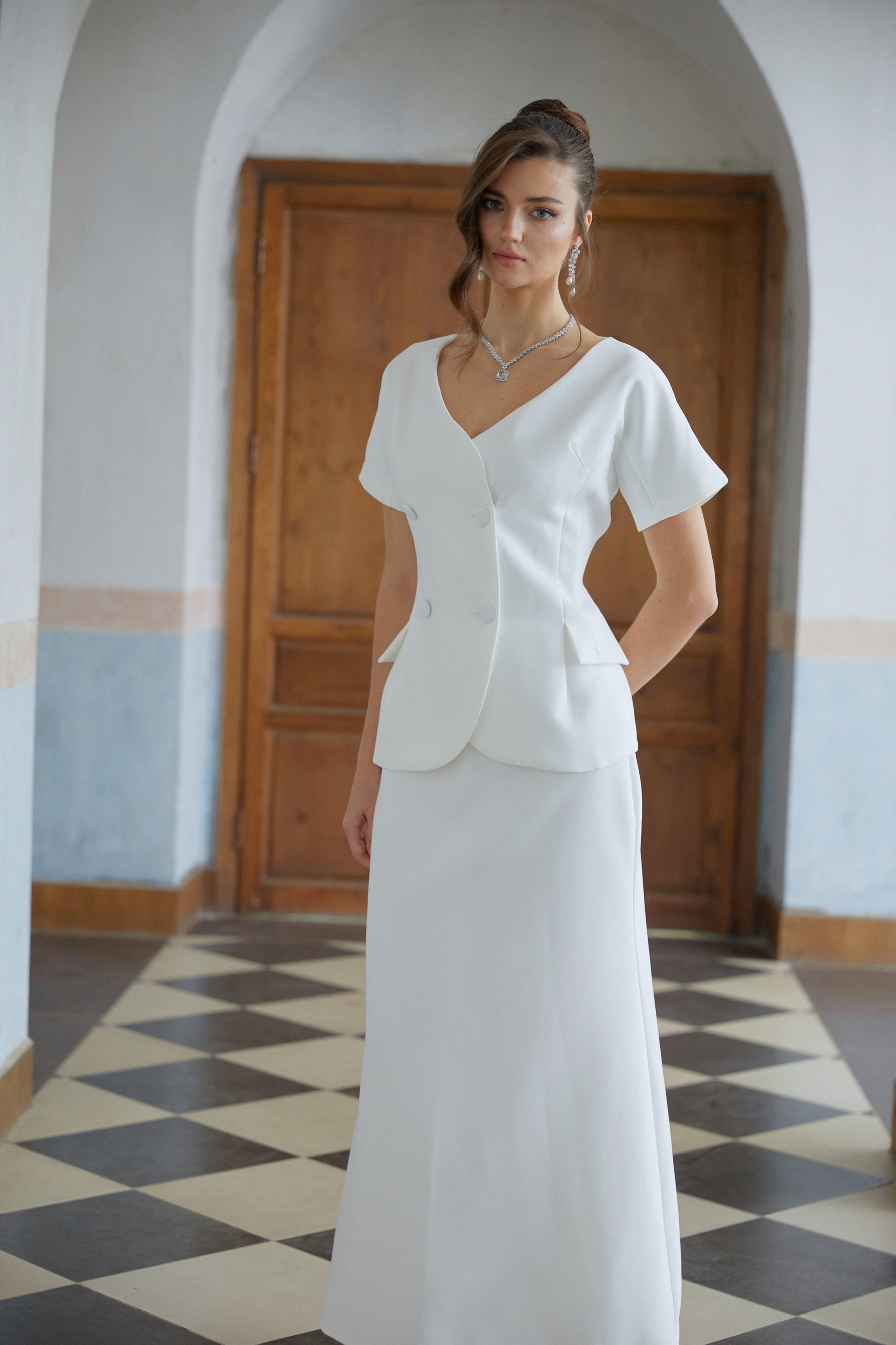 Halsey White Double-Breasted Top & Flared Skirt Set (Final Sale)