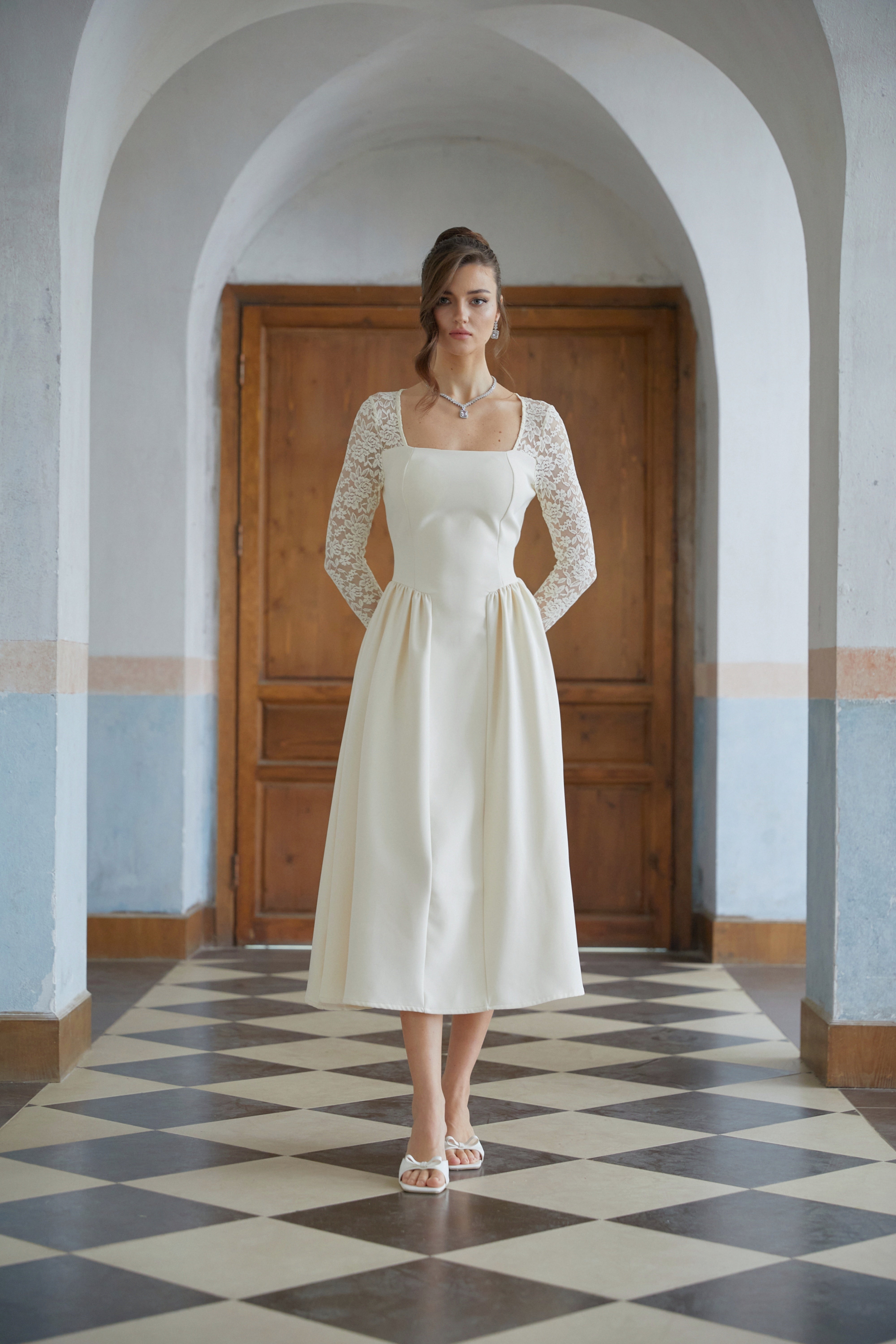 Dilla Neutral Lace Shirred Panel Midi Dress