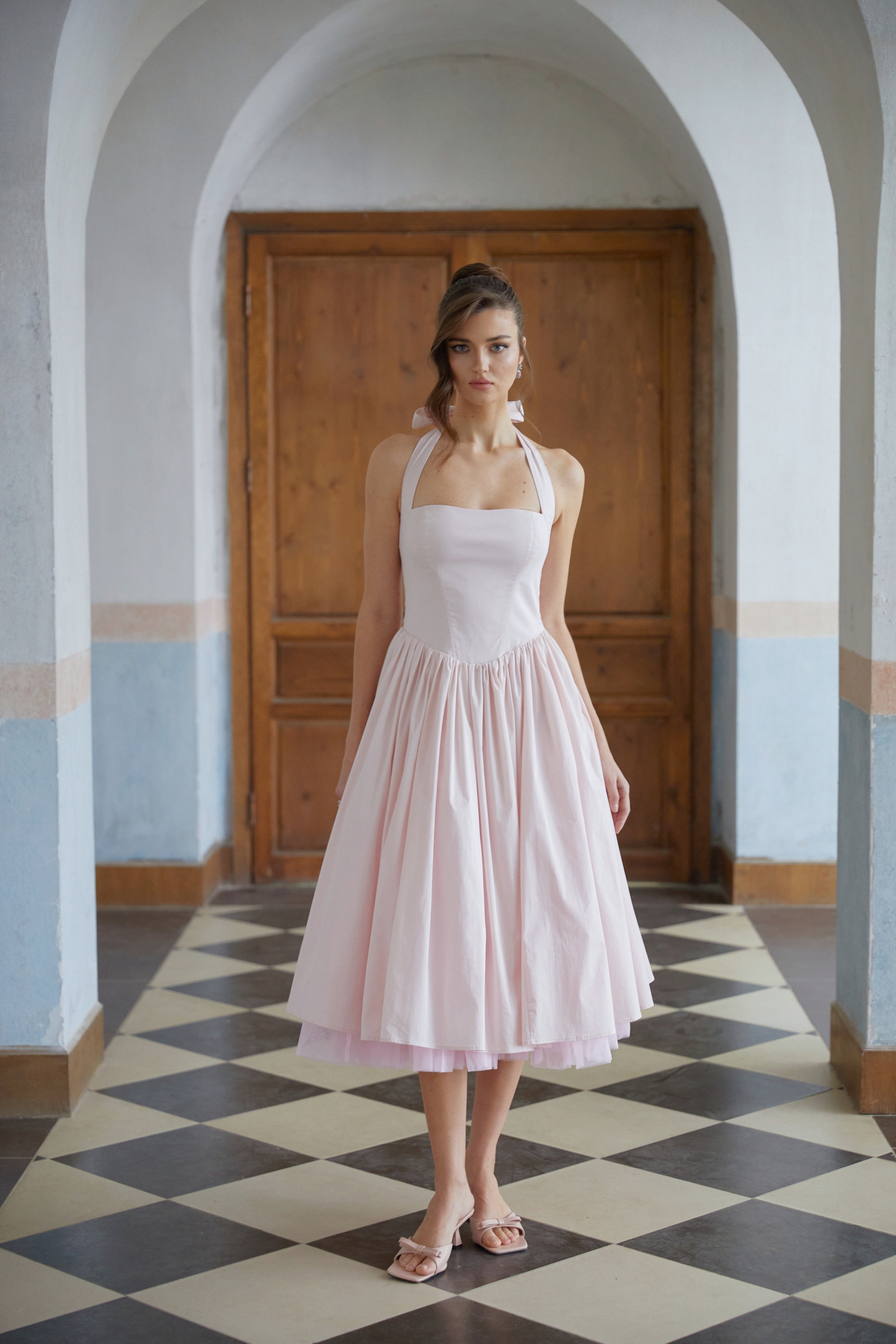 Eponine Pink Layered Flared Hem Midi Dress