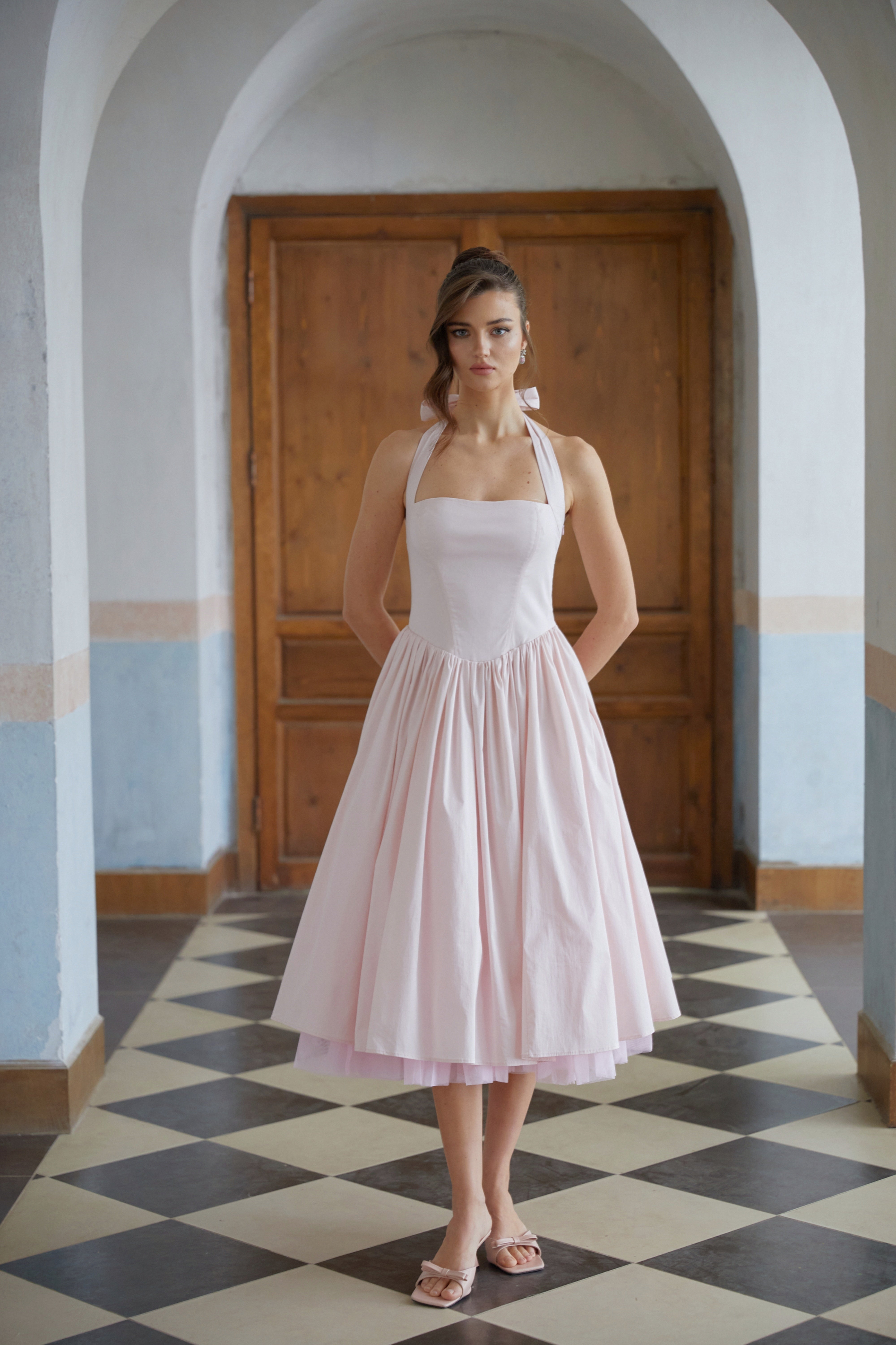 Eponine Pink Layered Flared Hem Midi Dress