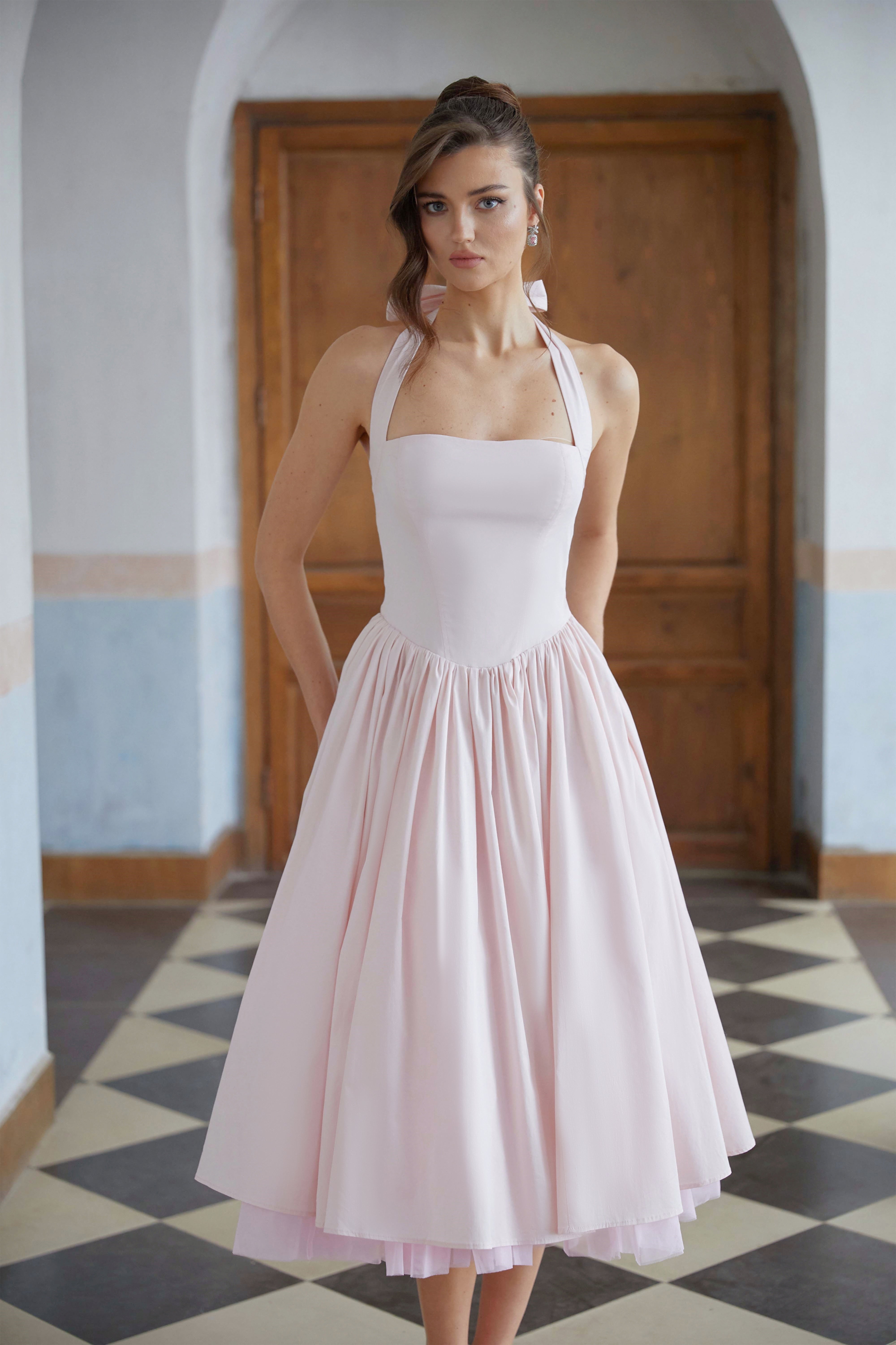 Eponine Pink Layered Flared Hem Midi Dress