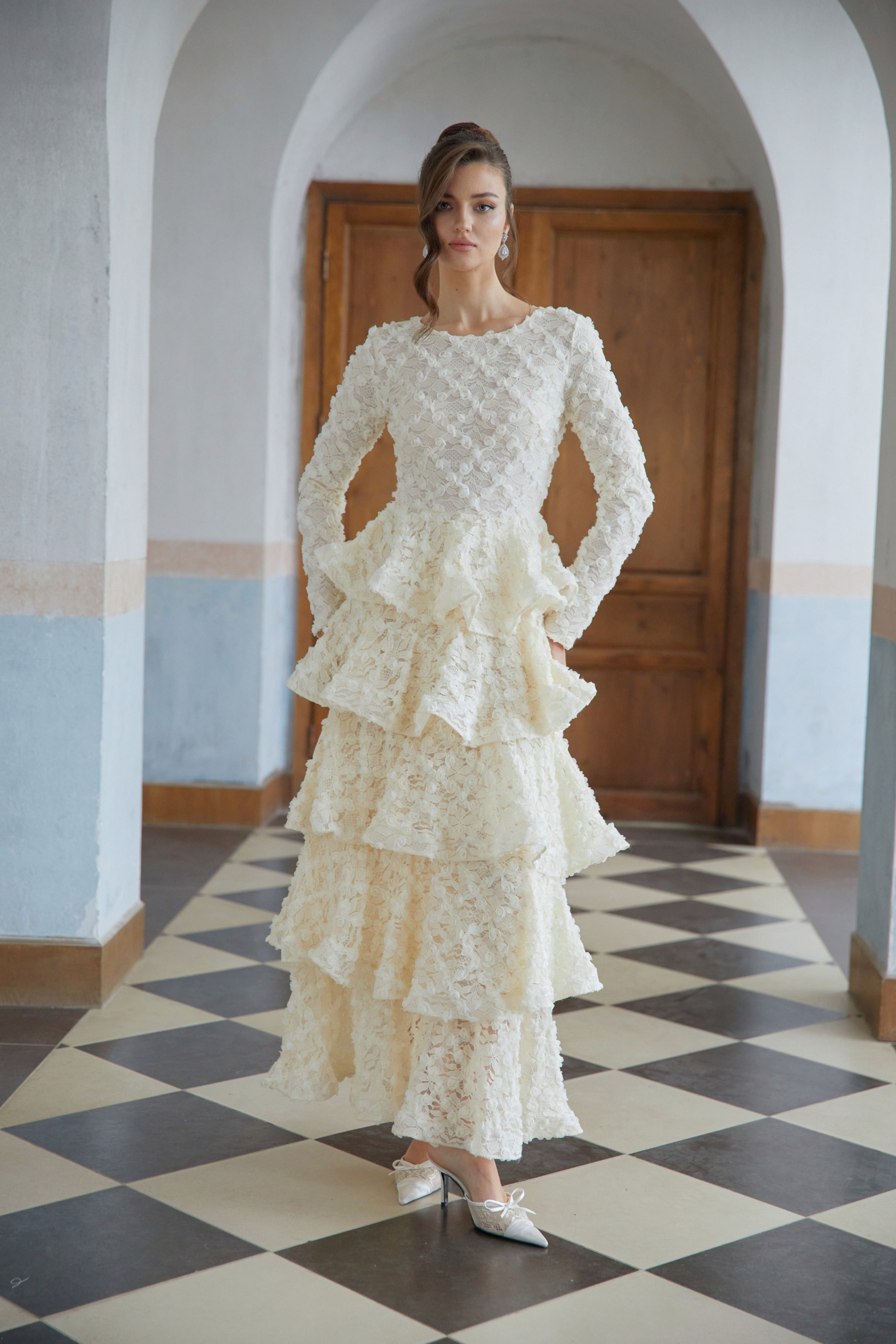 Halla Neutral Tiered Floral Lace Maxi Dress (Final Sale-US Only)