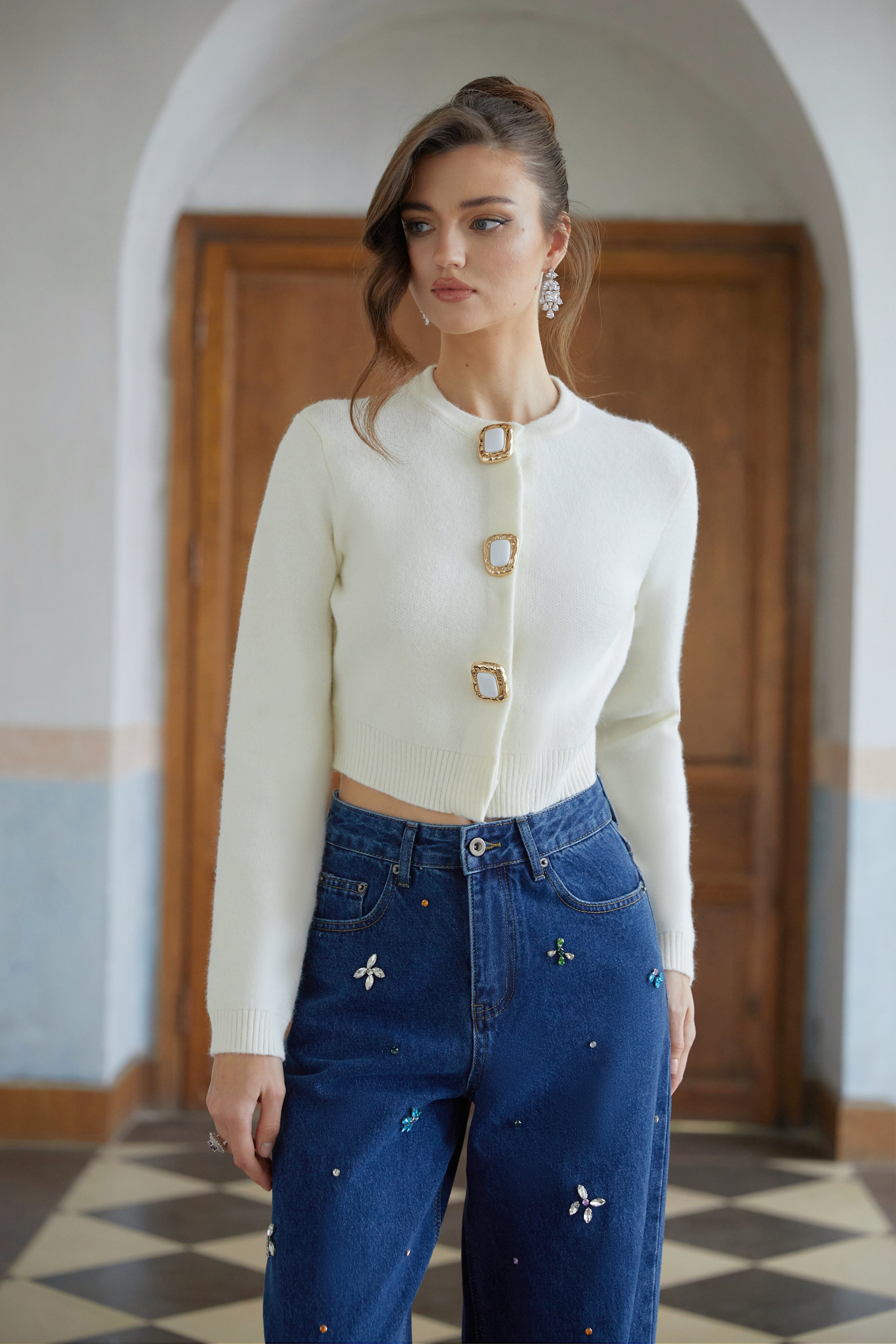 Liliana White Cropped Knit Cardigan