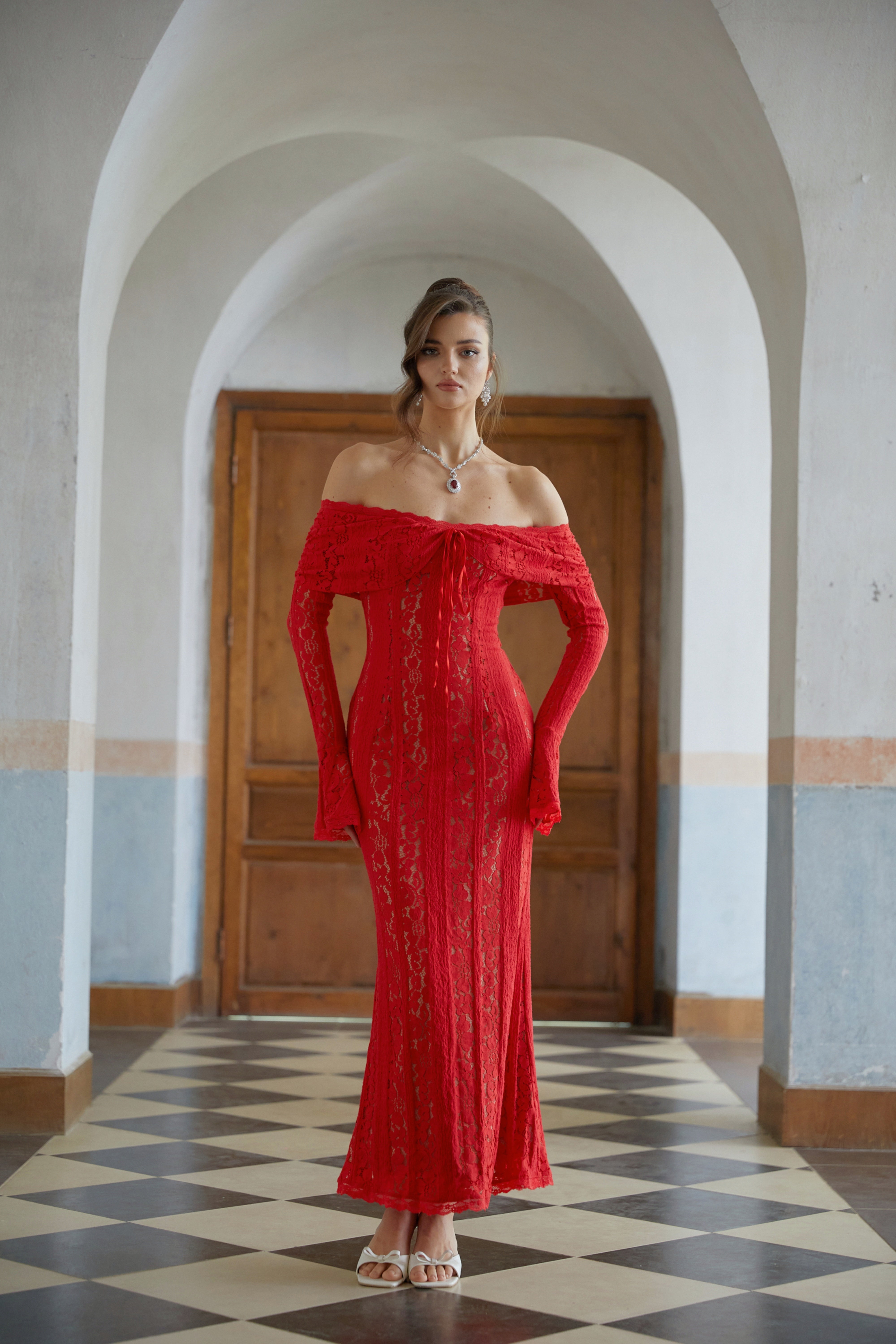 Émeline Red Floral Lace Flared-cuff Midi Dress (Final Sale)