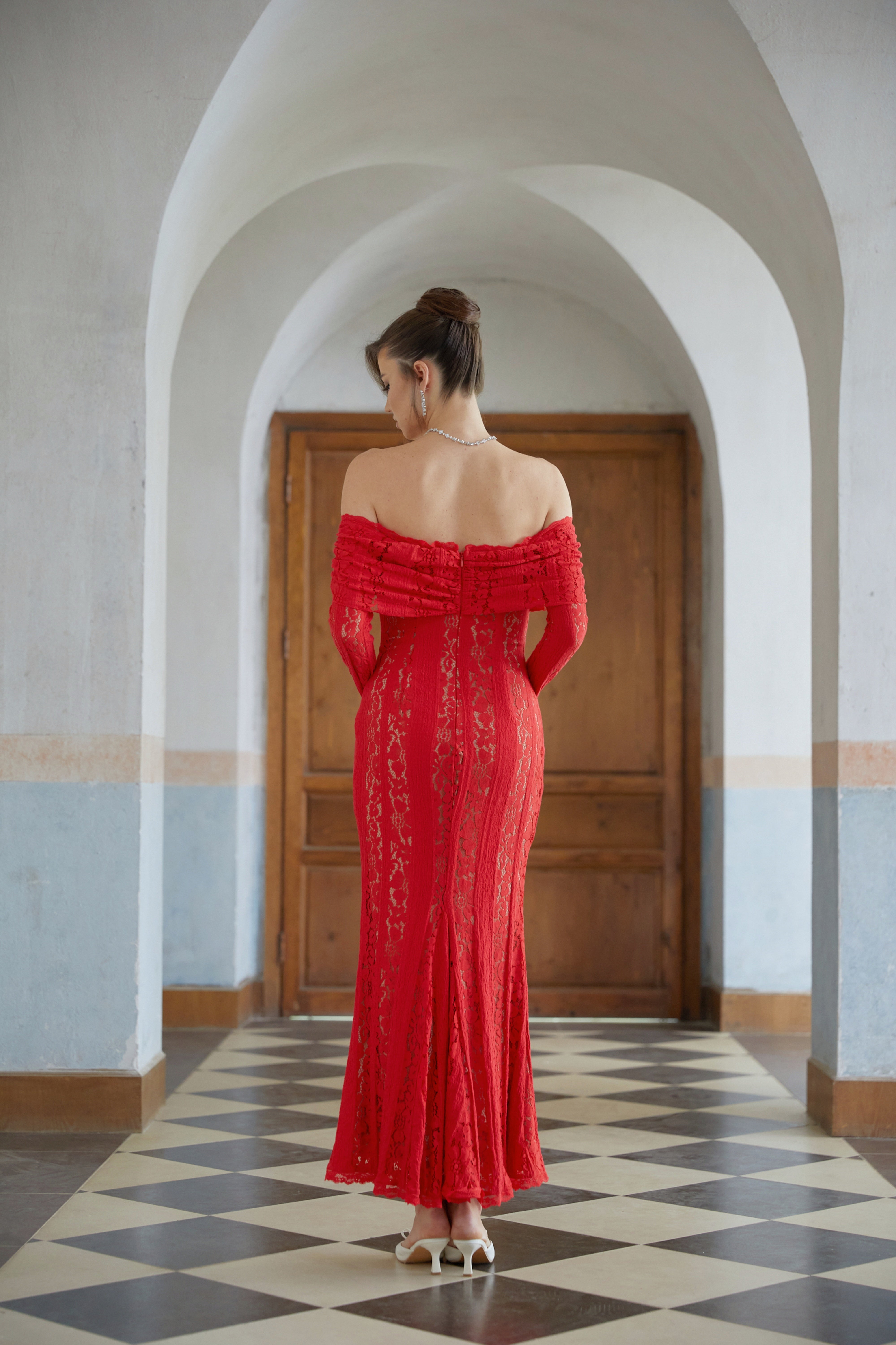 Émeline Red Floral Lace Flared-cuff Midi Dress (Final Sale)