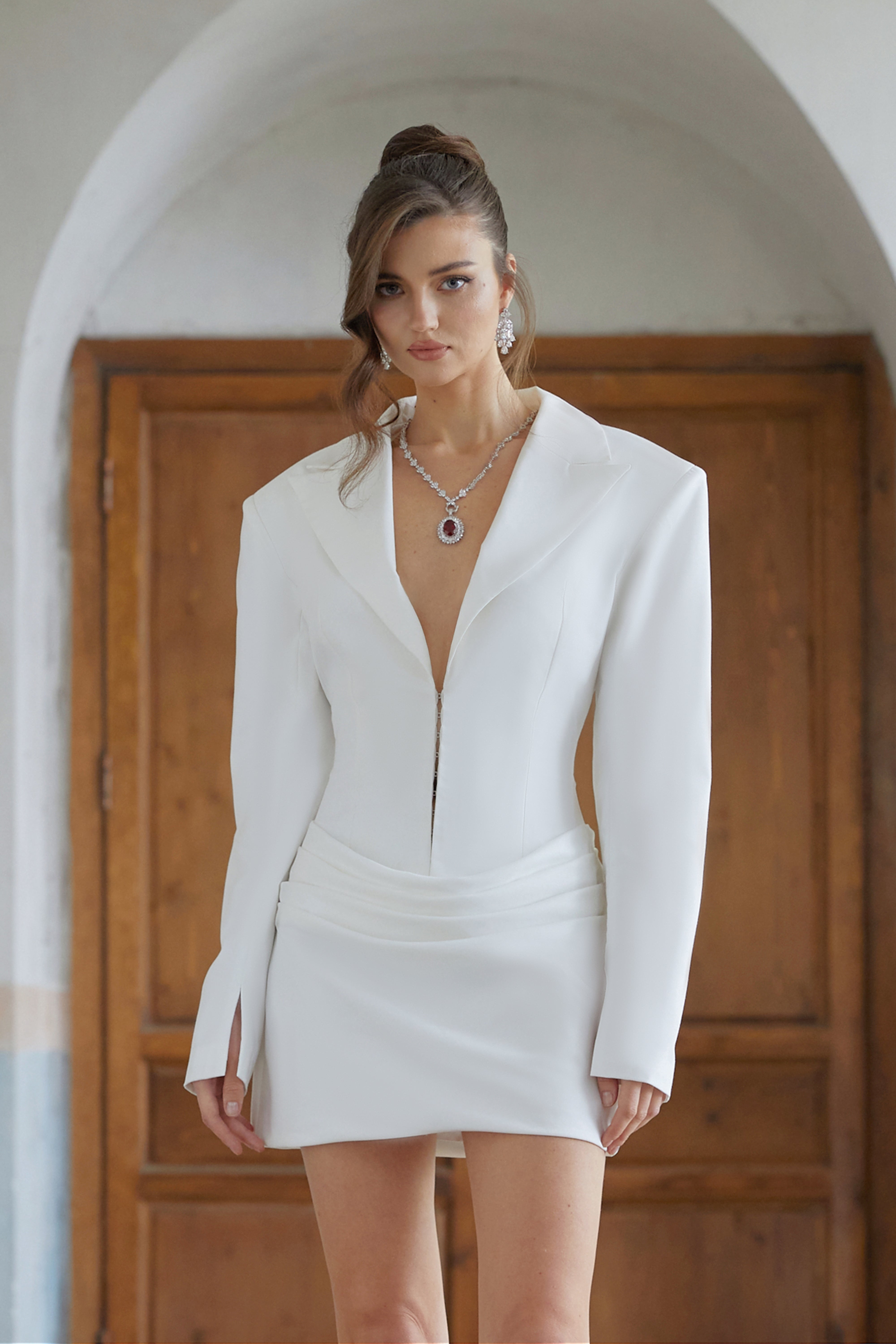 Rosette White Ruched Blazer Mini Dress