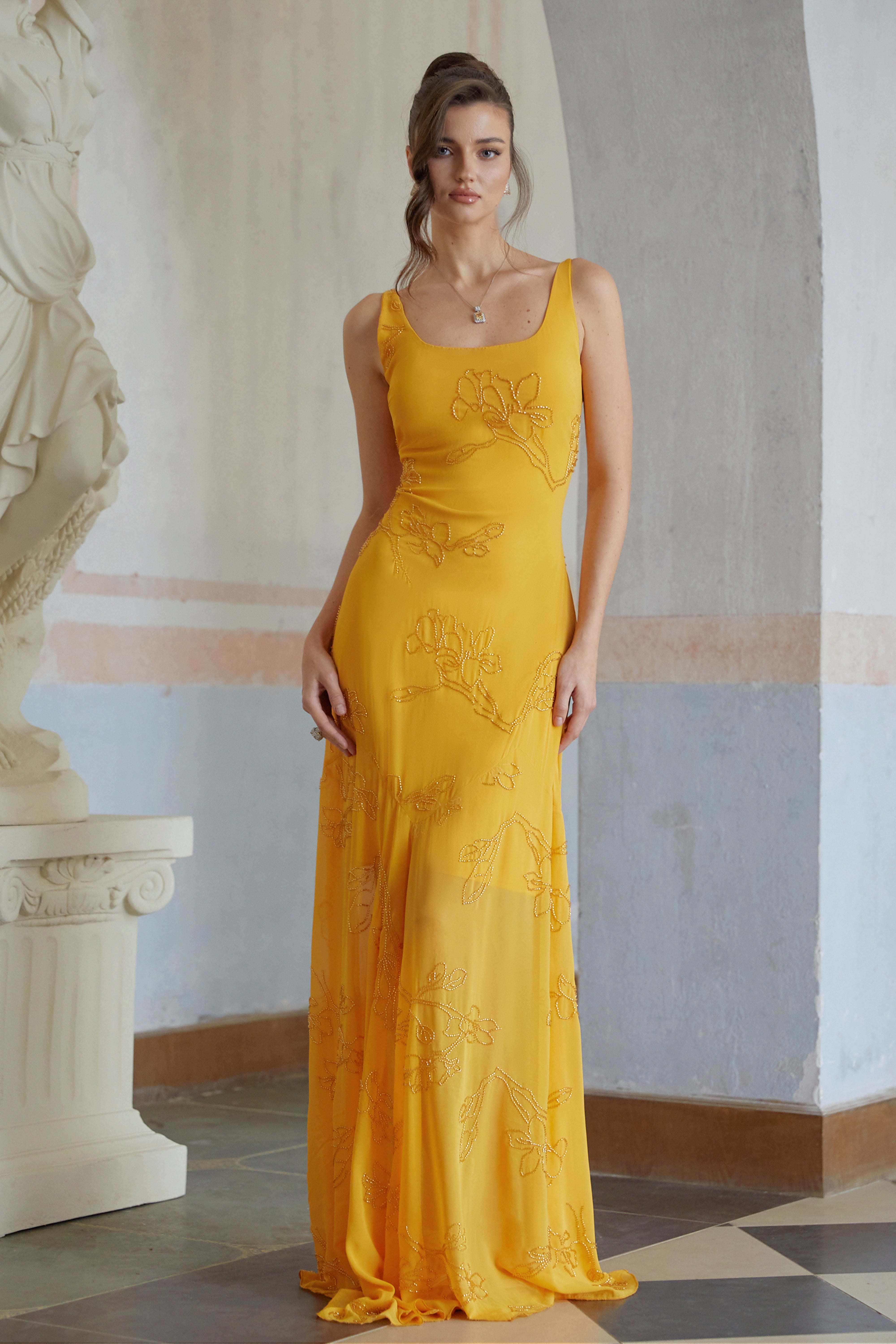 Ellie Yellow Rhinestone Floral Jacquard Maxi Dress