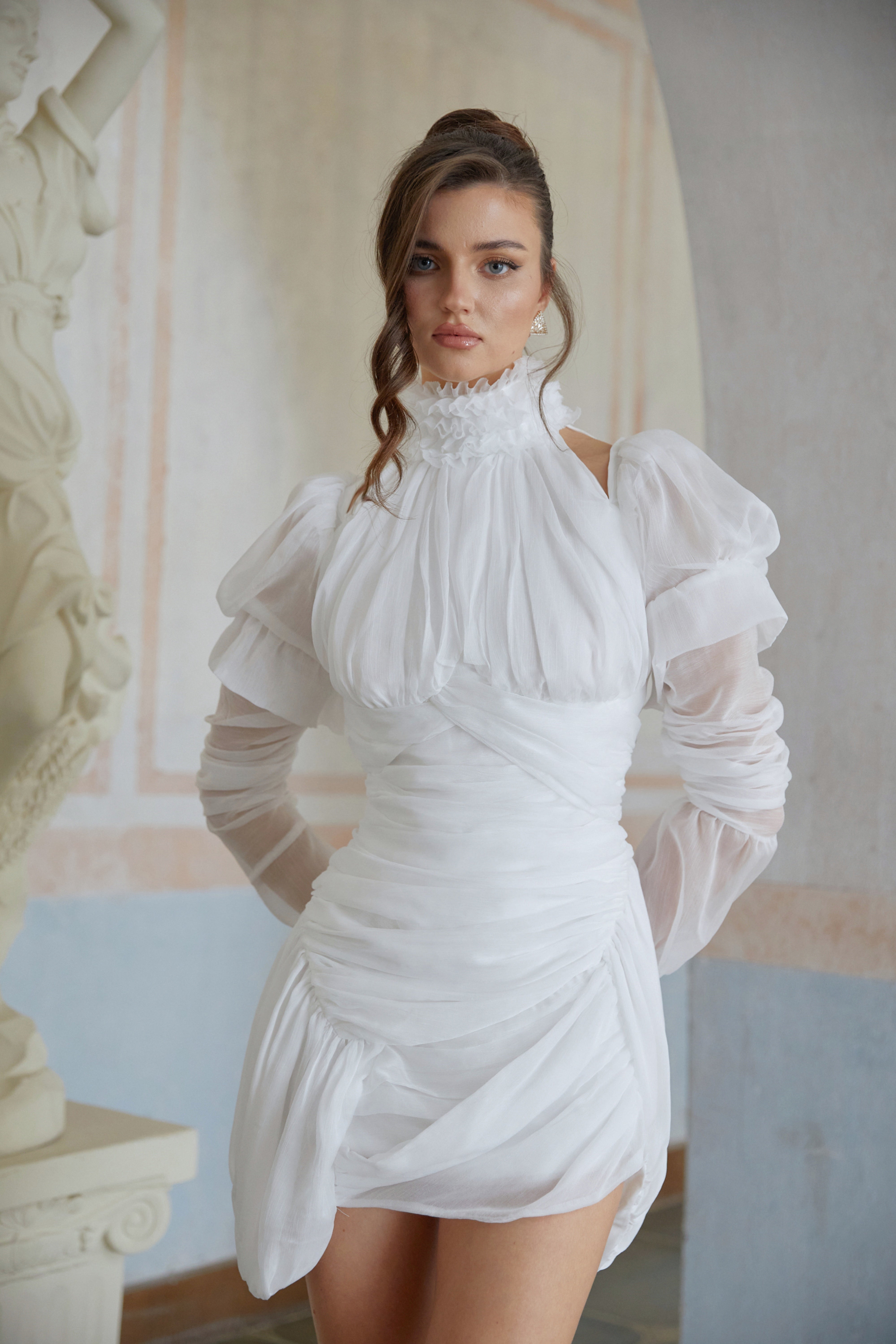 Déotille White Asymmetrical Ruched Mini Dress(Final Sale-US Only)