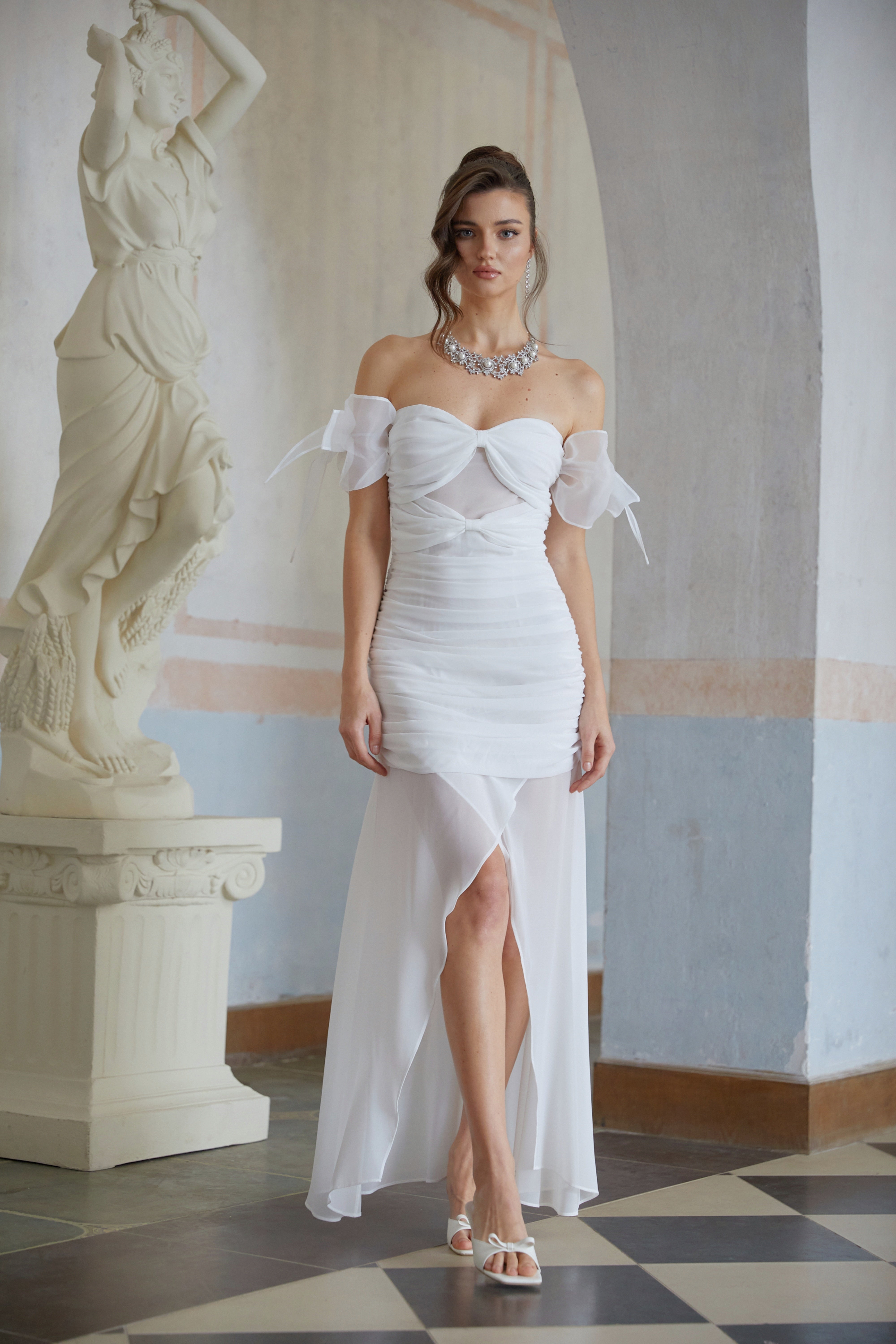Brândușa White Bowknot Ruched Chiffon Midi Dress (Final Sale)