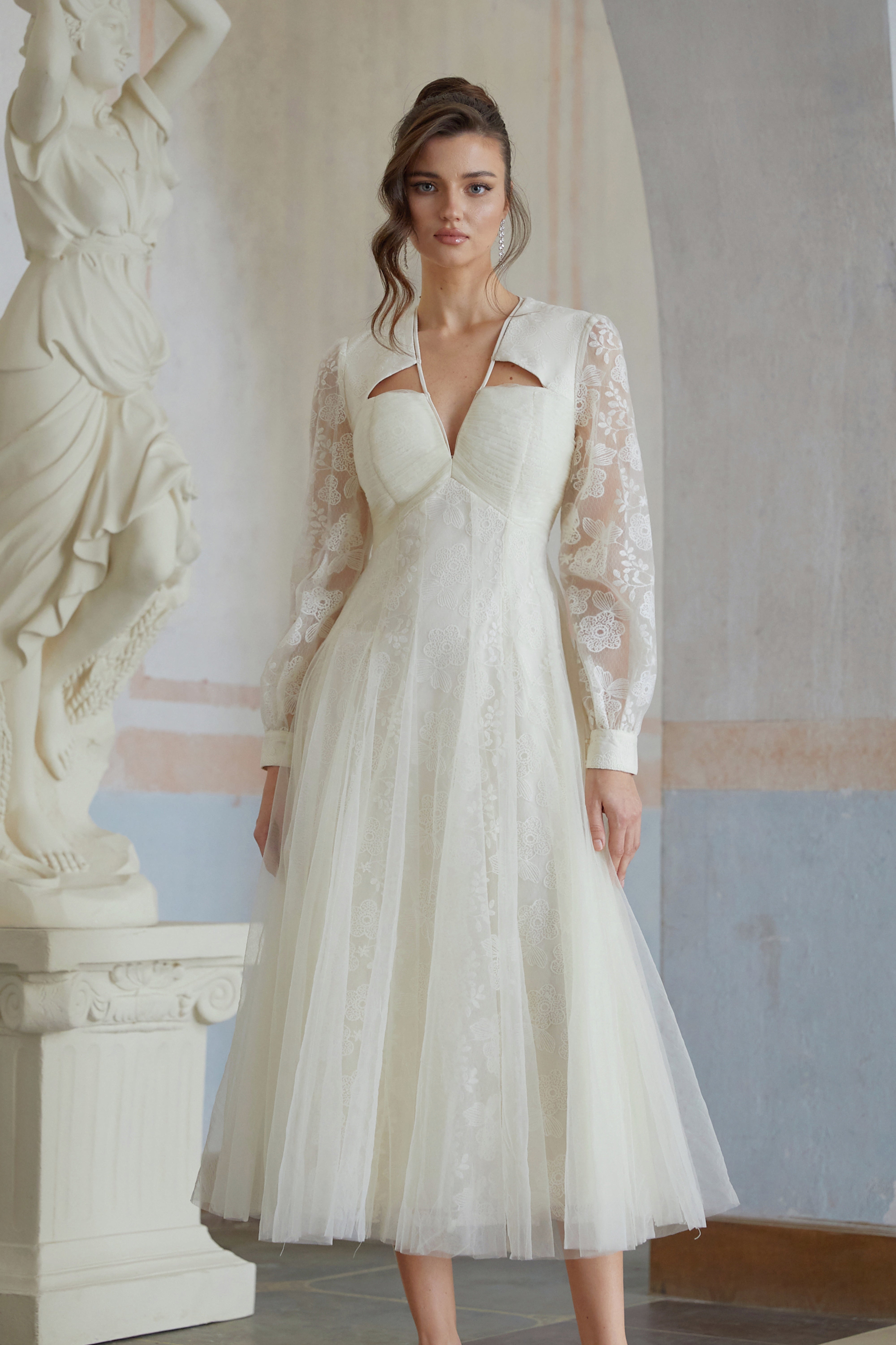 Eirlys White Floral Lace Tulle Midi Dress