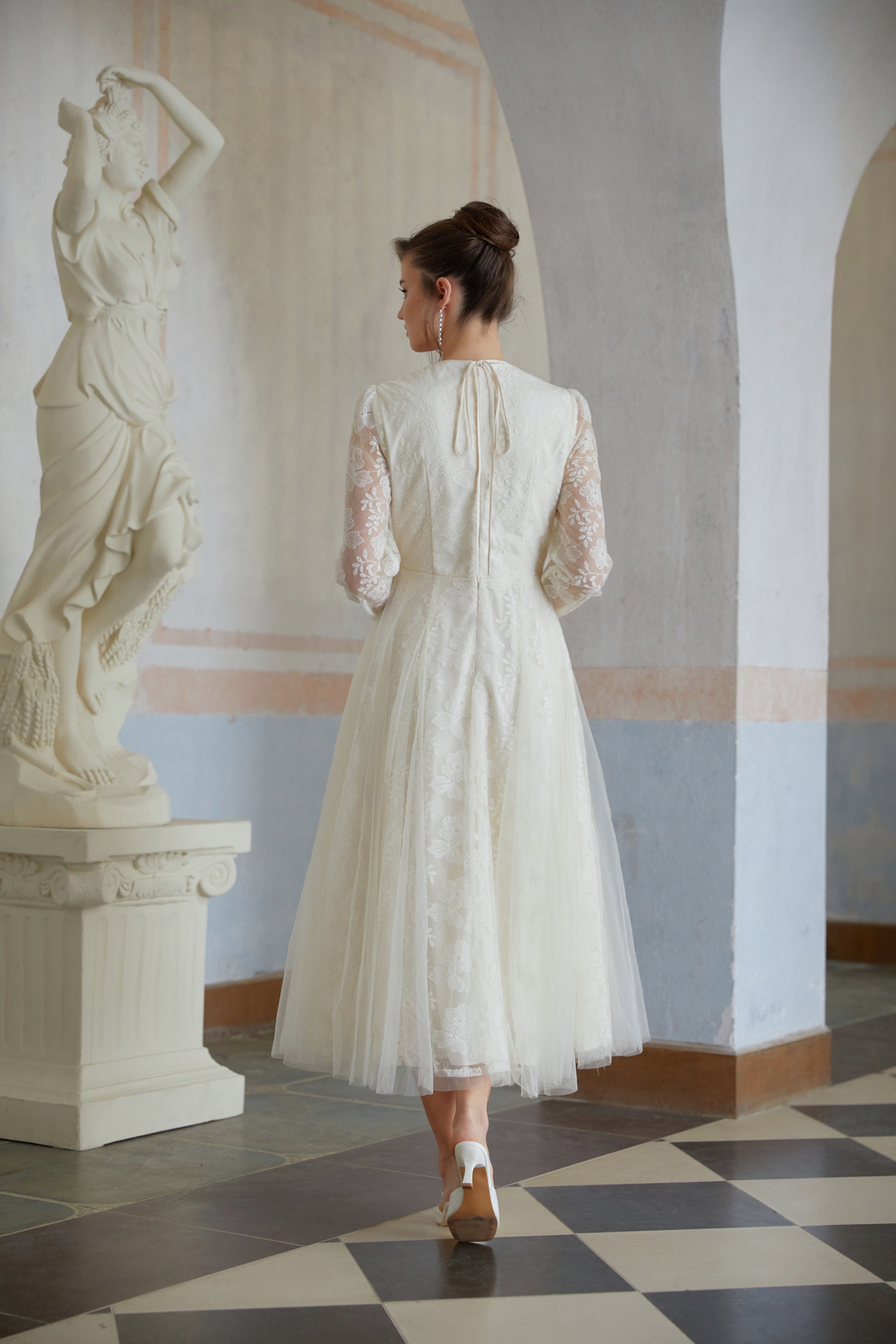 Eirlys White Floral Lace Tulle Midi Dress