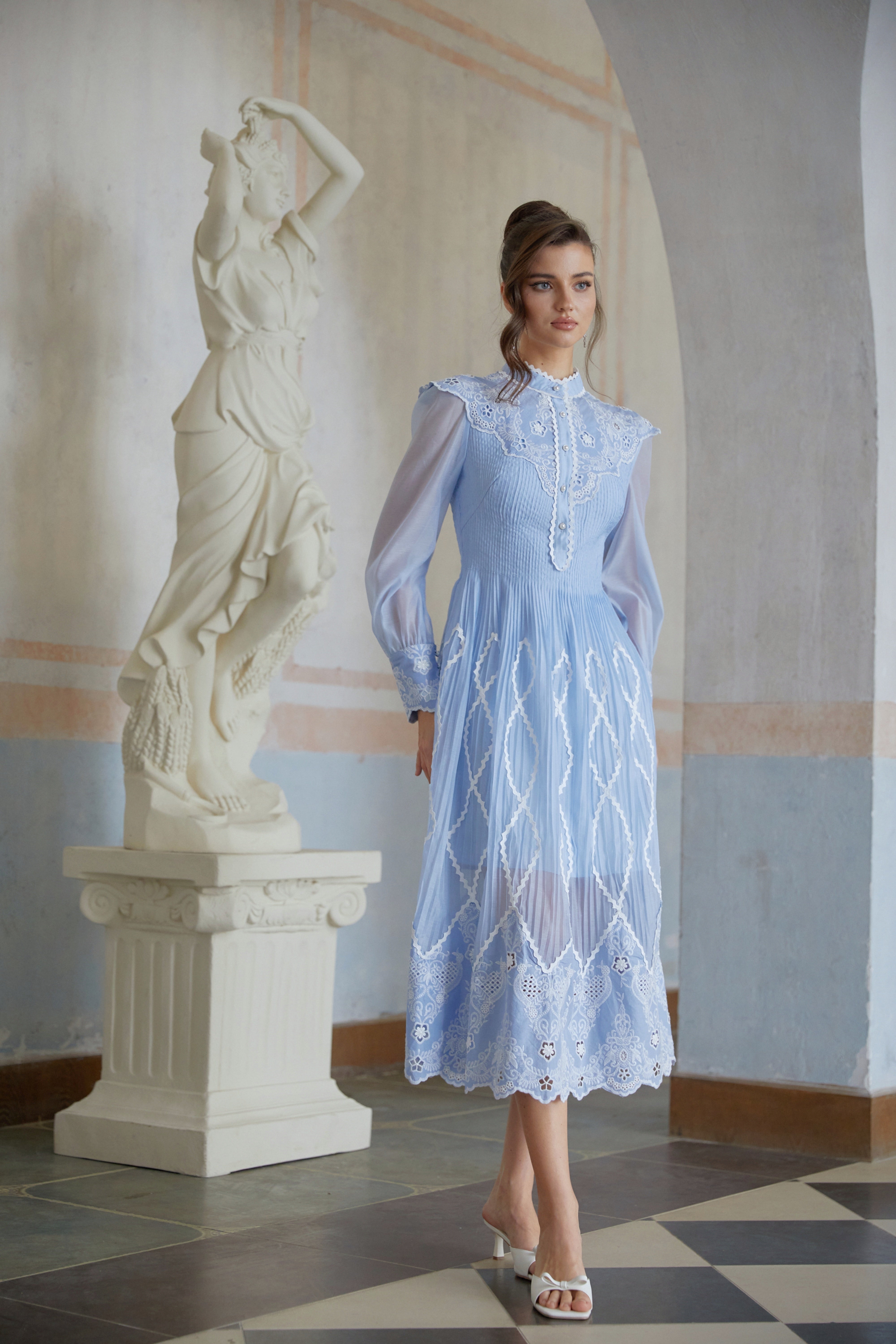 Francesca Blue Lace Trim Pleated Midi Dress (Final Sale-US Only)