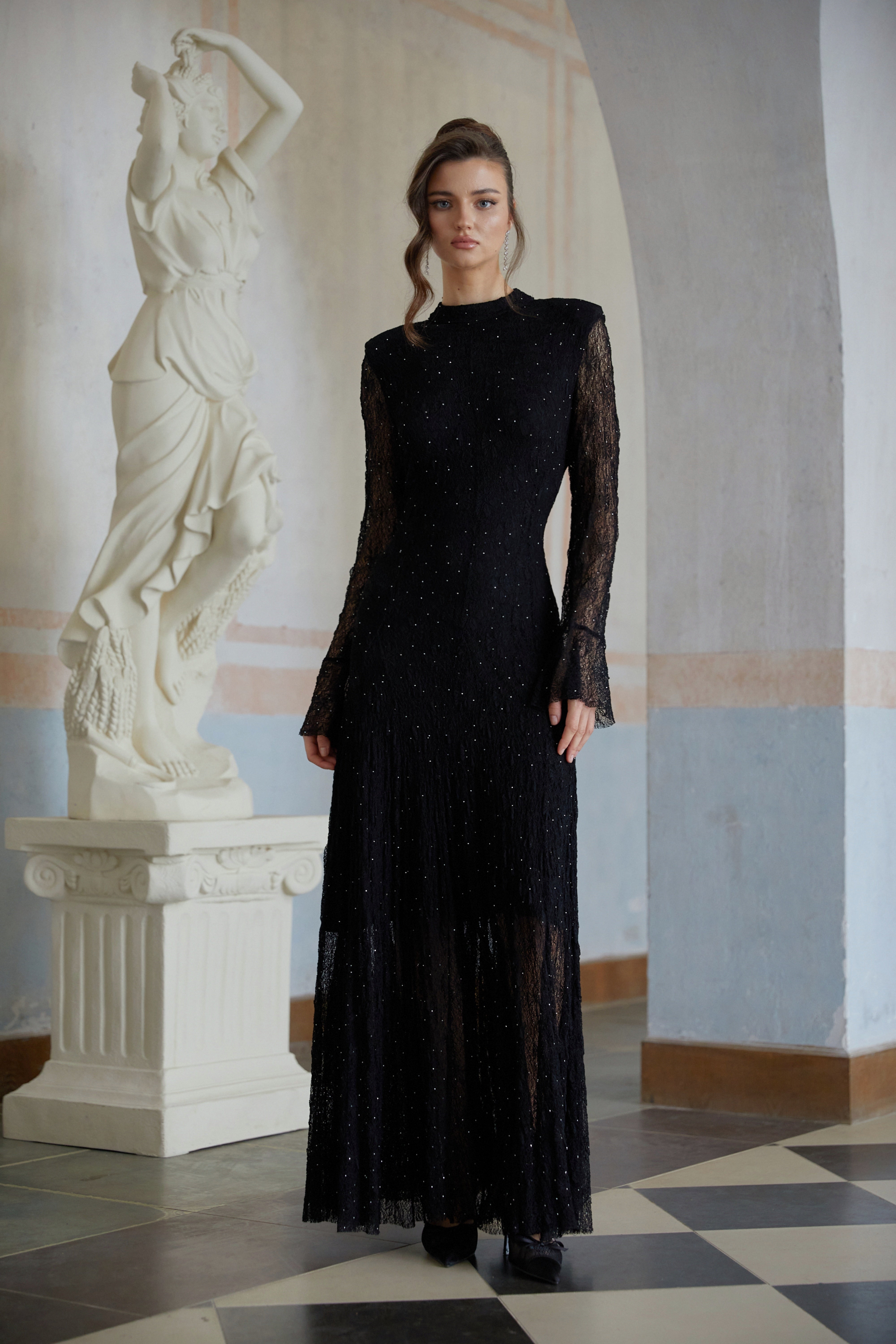 Justyna Black Rhinestone Guipure Lace Maxi Dress