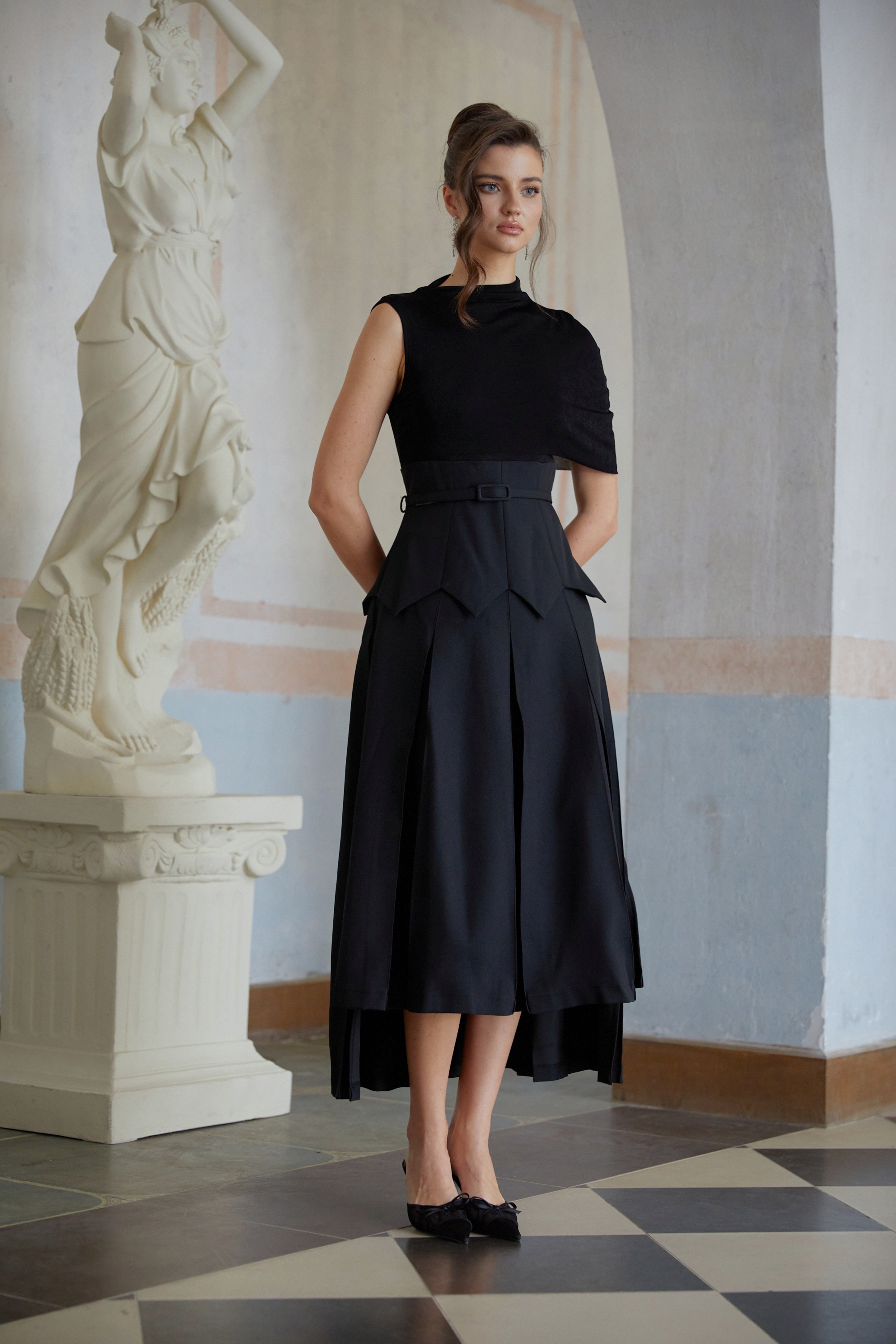 Éabha Black Asymmetrical Shawl Layered Midi Dress (Final Sale)