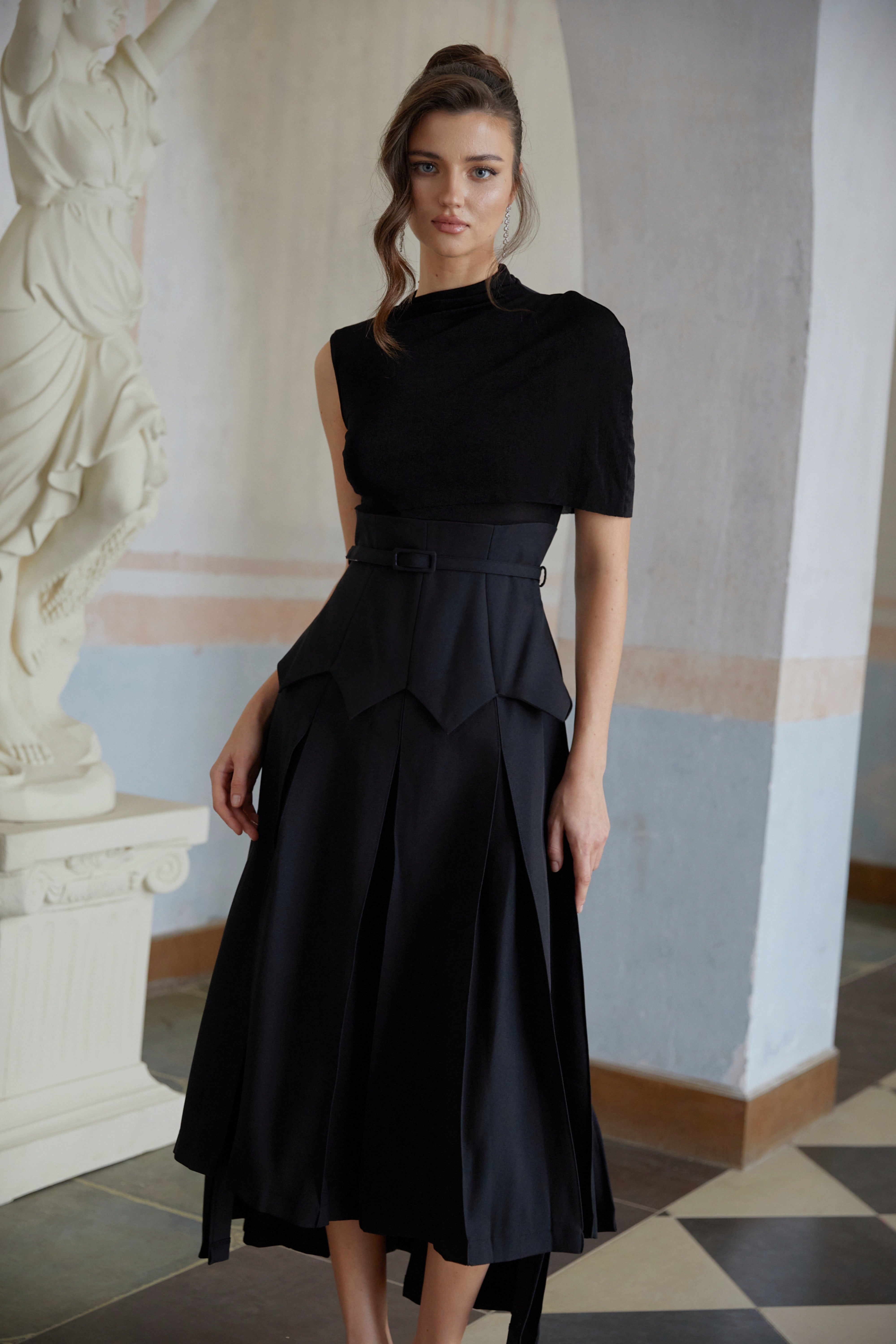 Éabha Black Asymmetrical Shawl Layered Midi Dress (Final Sale)