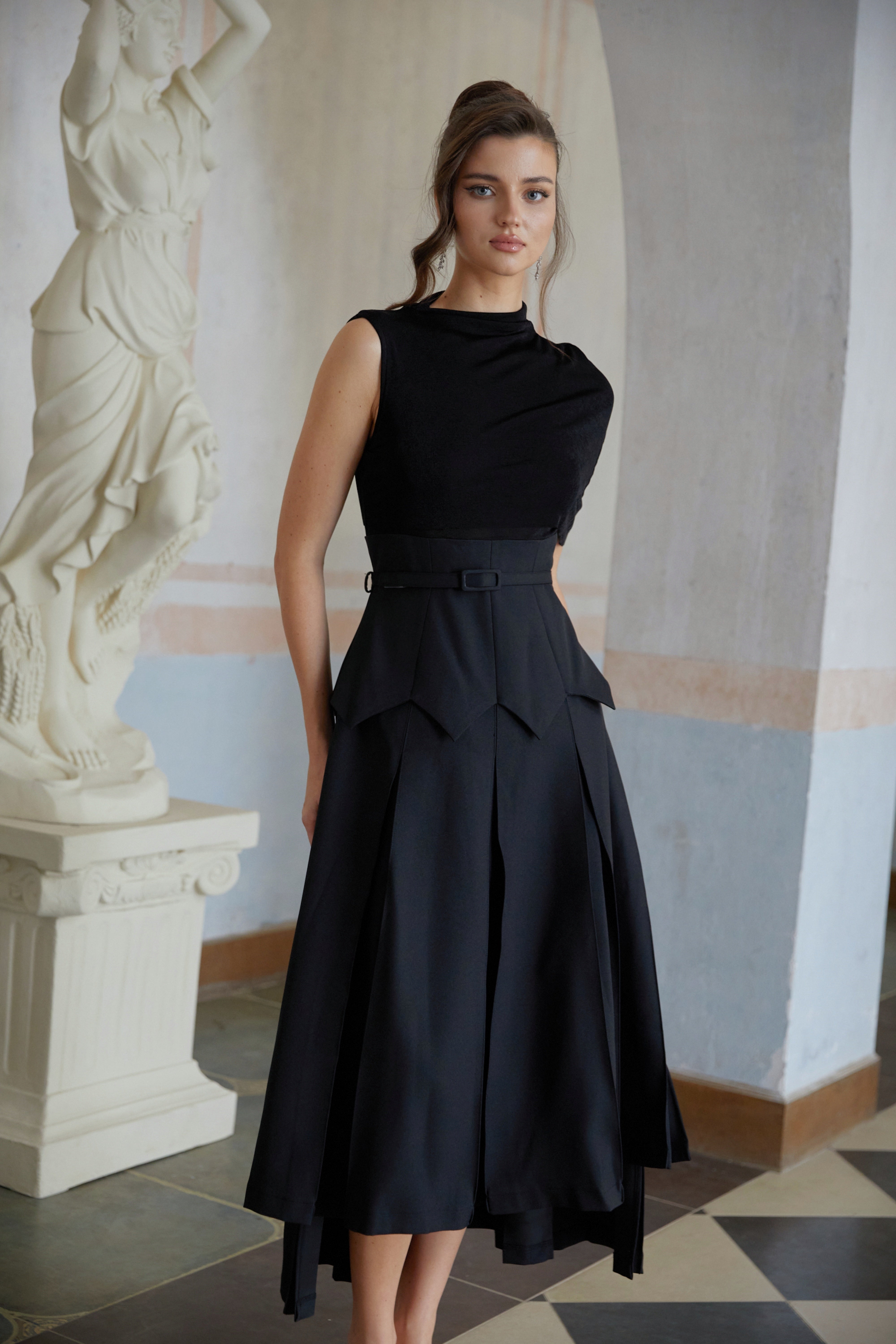 Éabha Black Asymmetrical Shawl Layered Midi Dress (Final Sale)