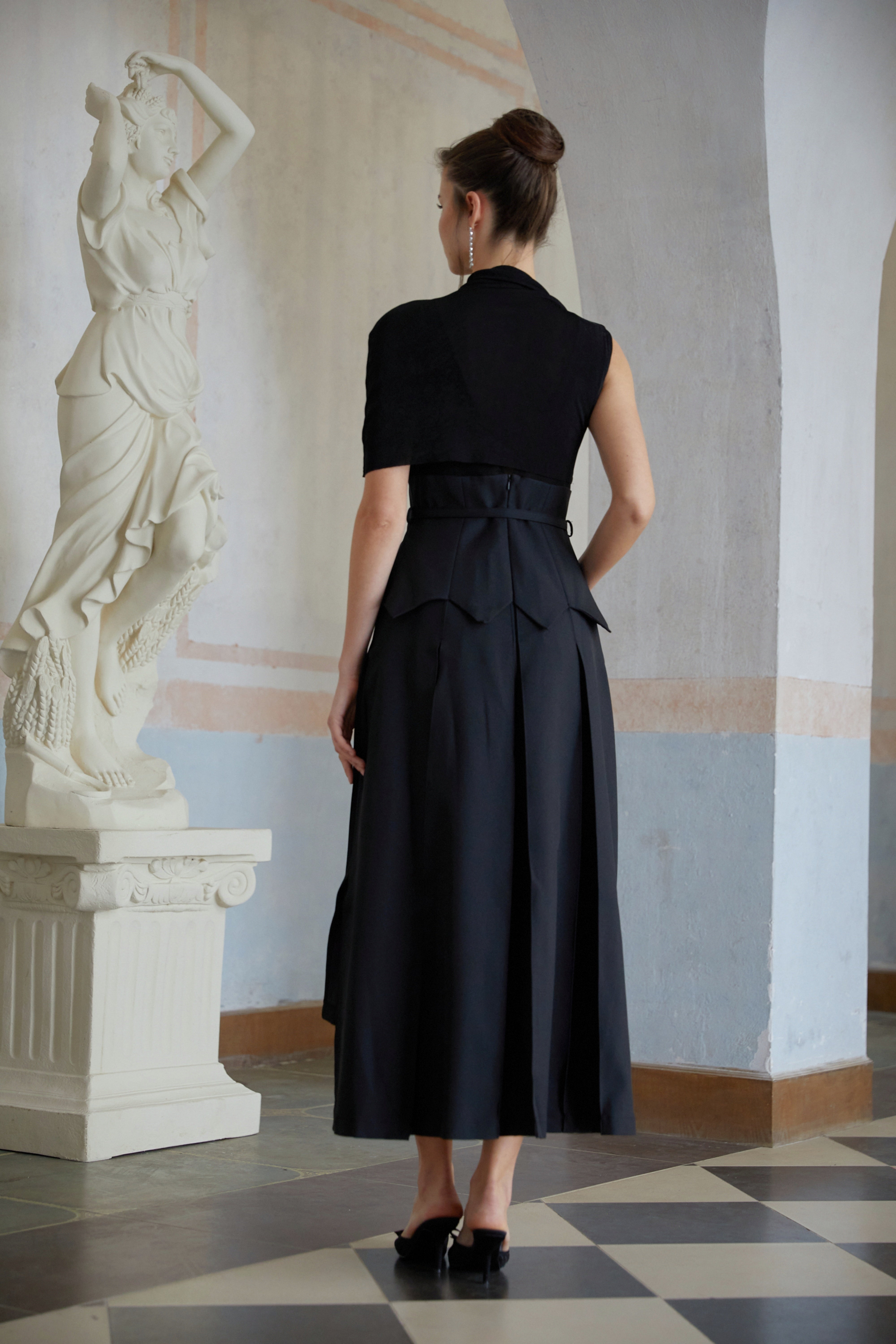 Éabha Black Asymmetrical Shawl Layered Midi Dress (Final Sale)
