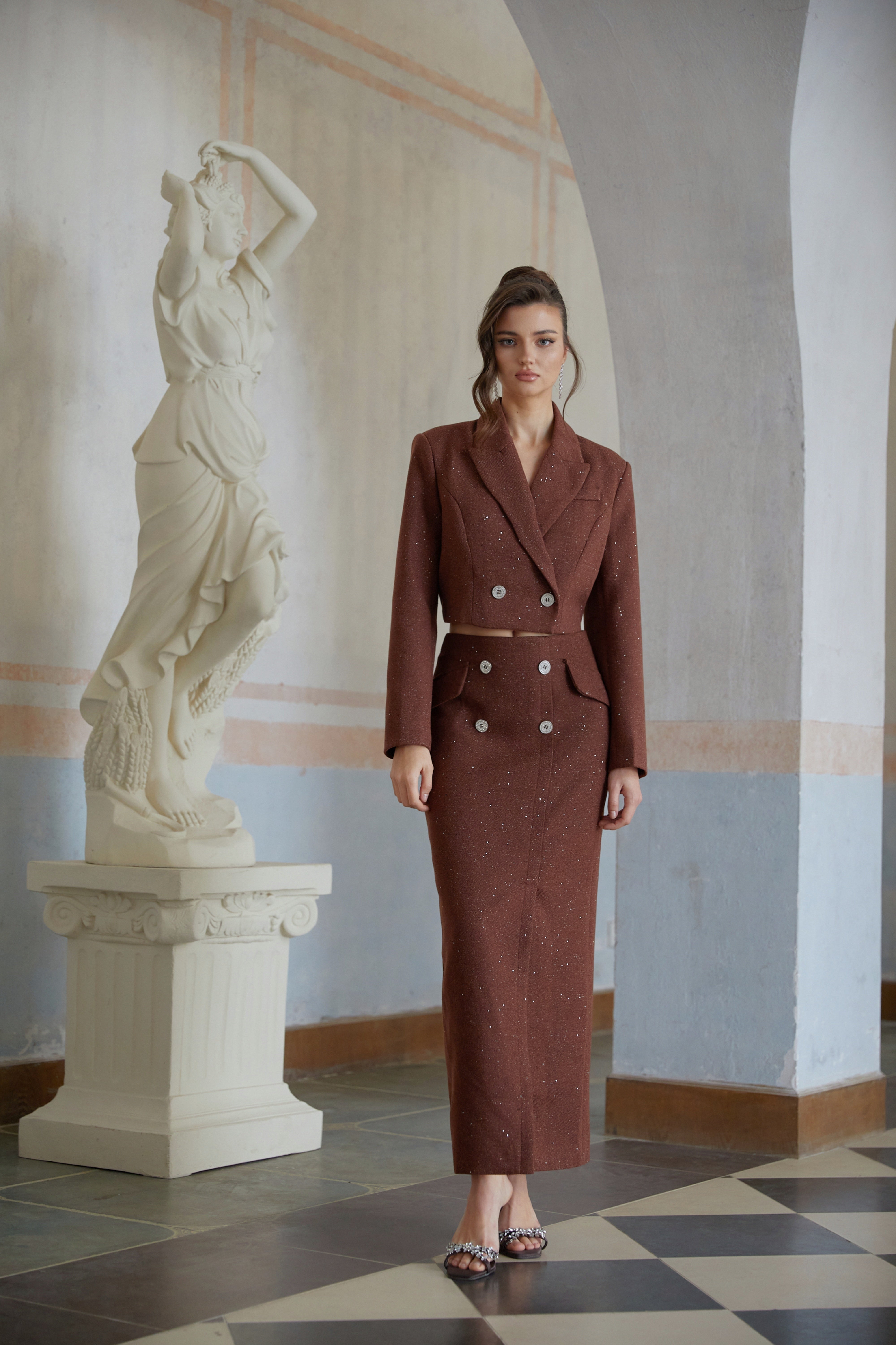 Emilía Brown Sequined Double-Breasted Jacket & Skirt Set (Final Sale)