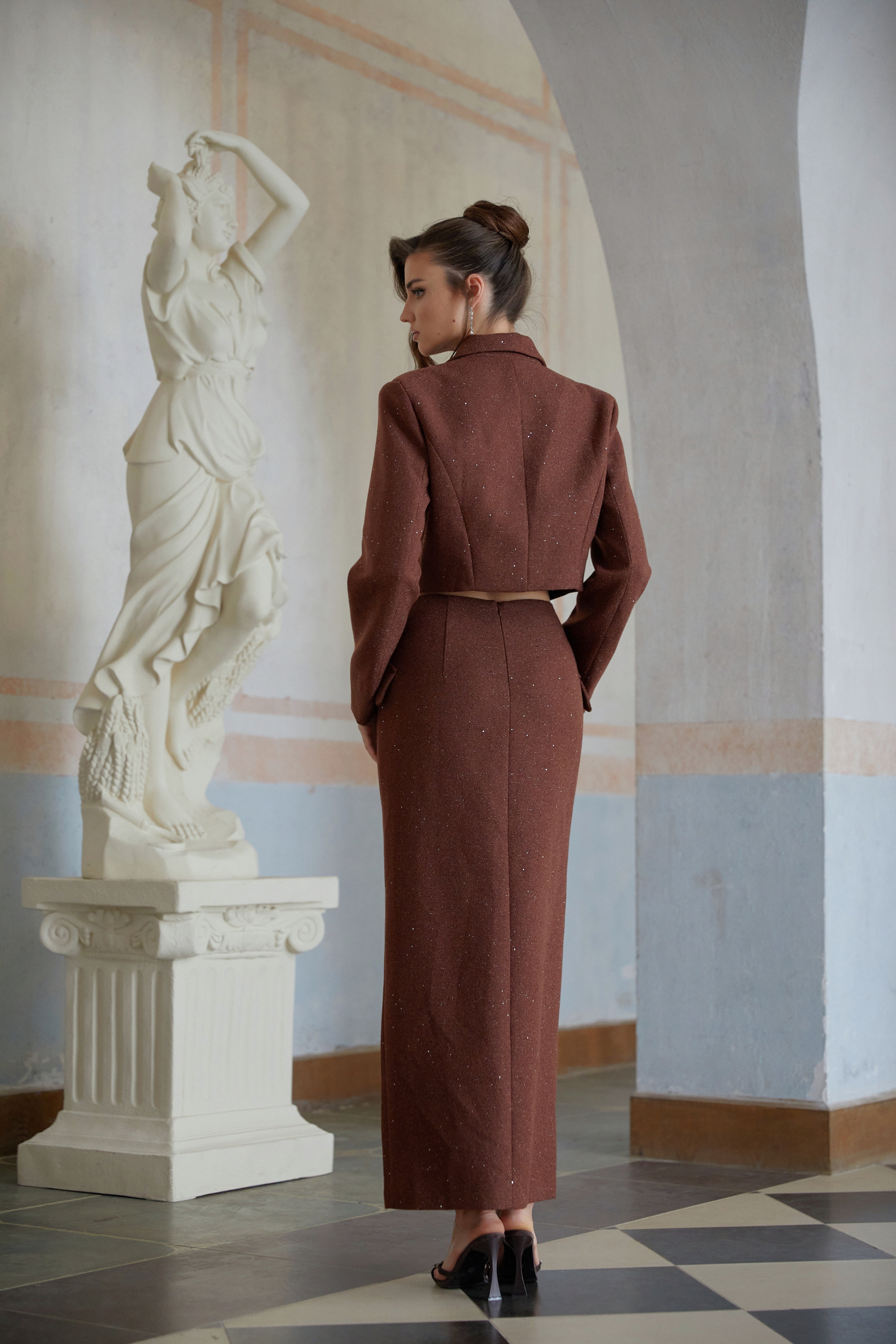 Emilía Brown Sequined Double-Breasted Jacket & Skirt Set