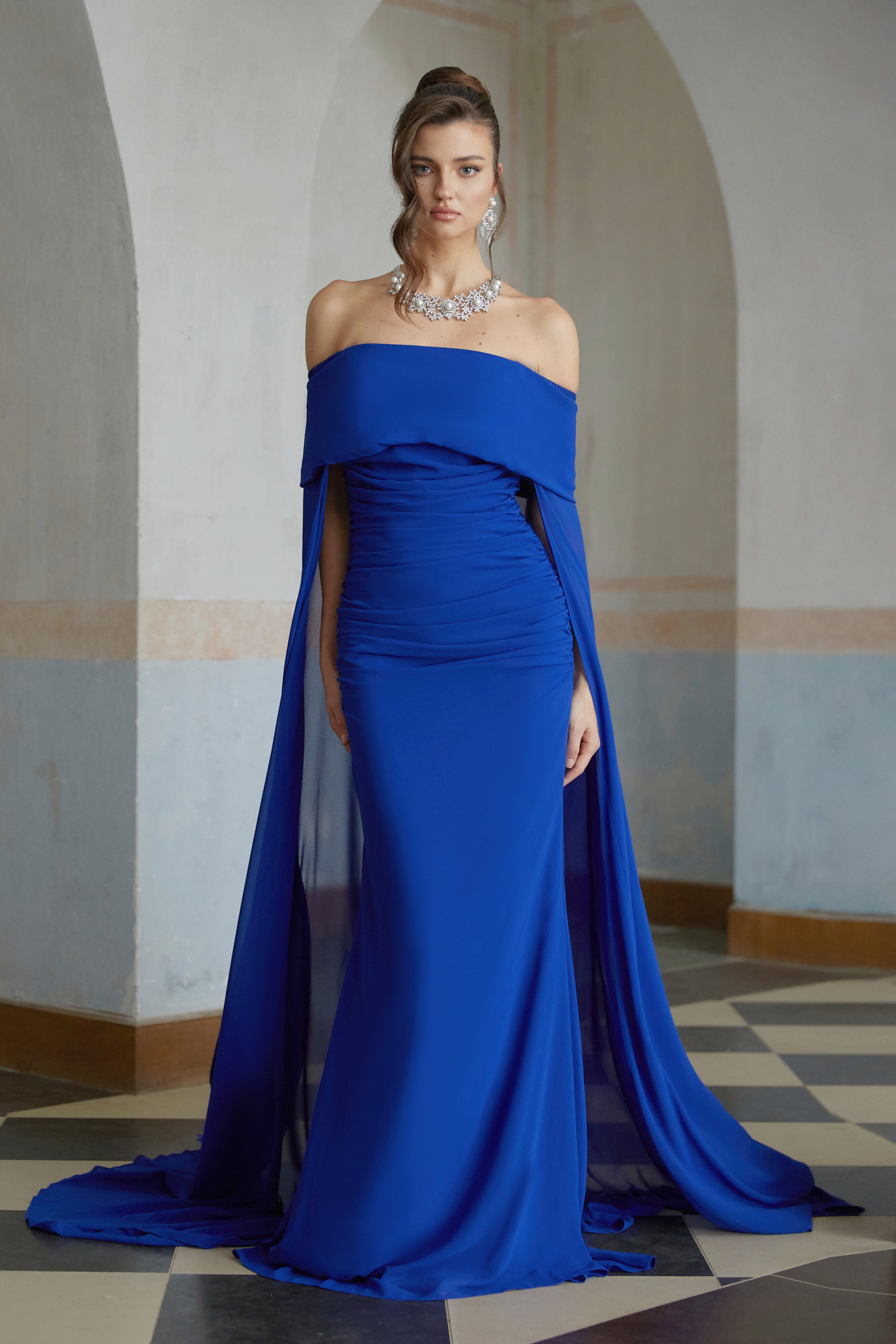 Jovie Blue Cape Design Ruched Maxi Gown