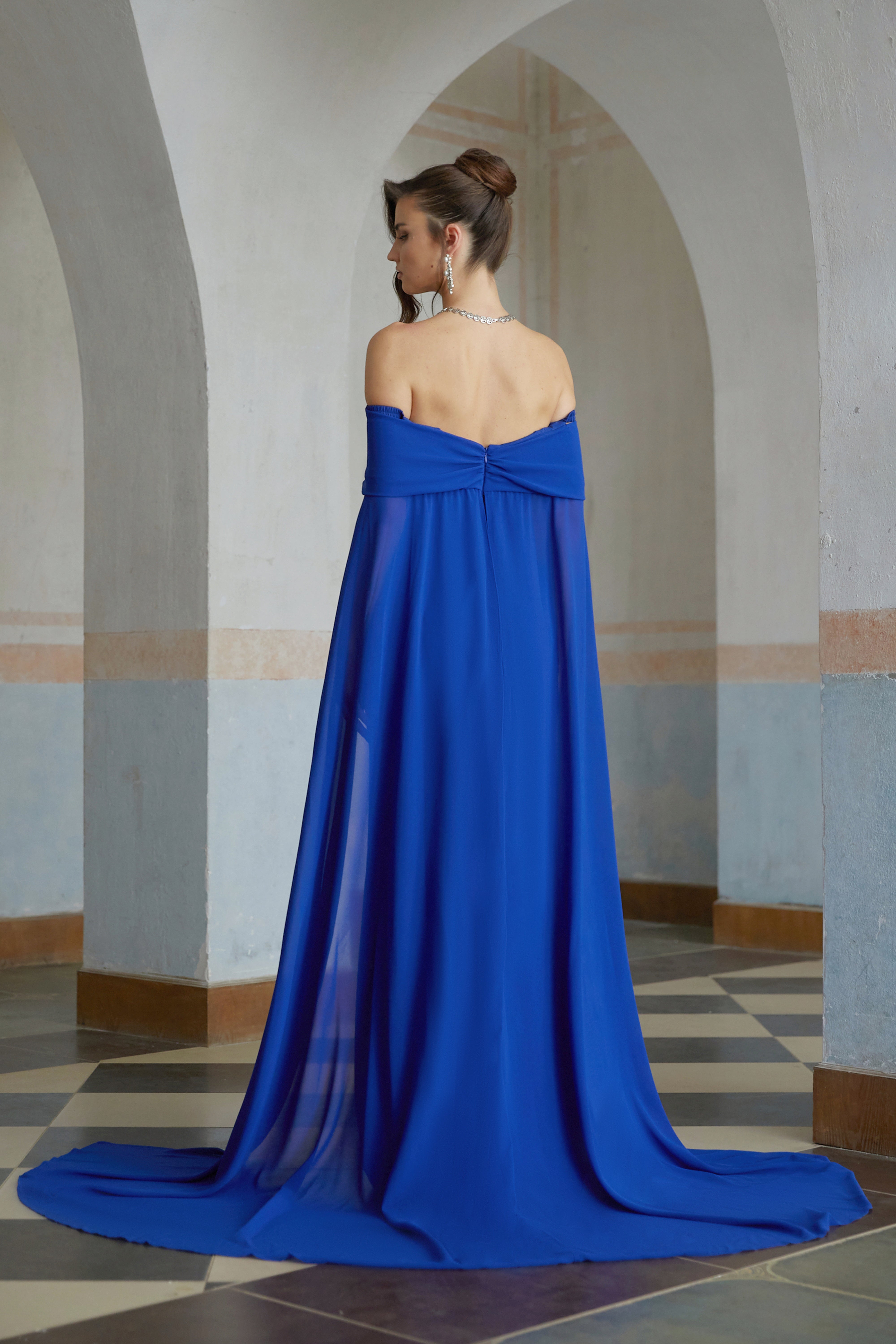 Jovie Blue Cape Design Ruched Maxi Gown