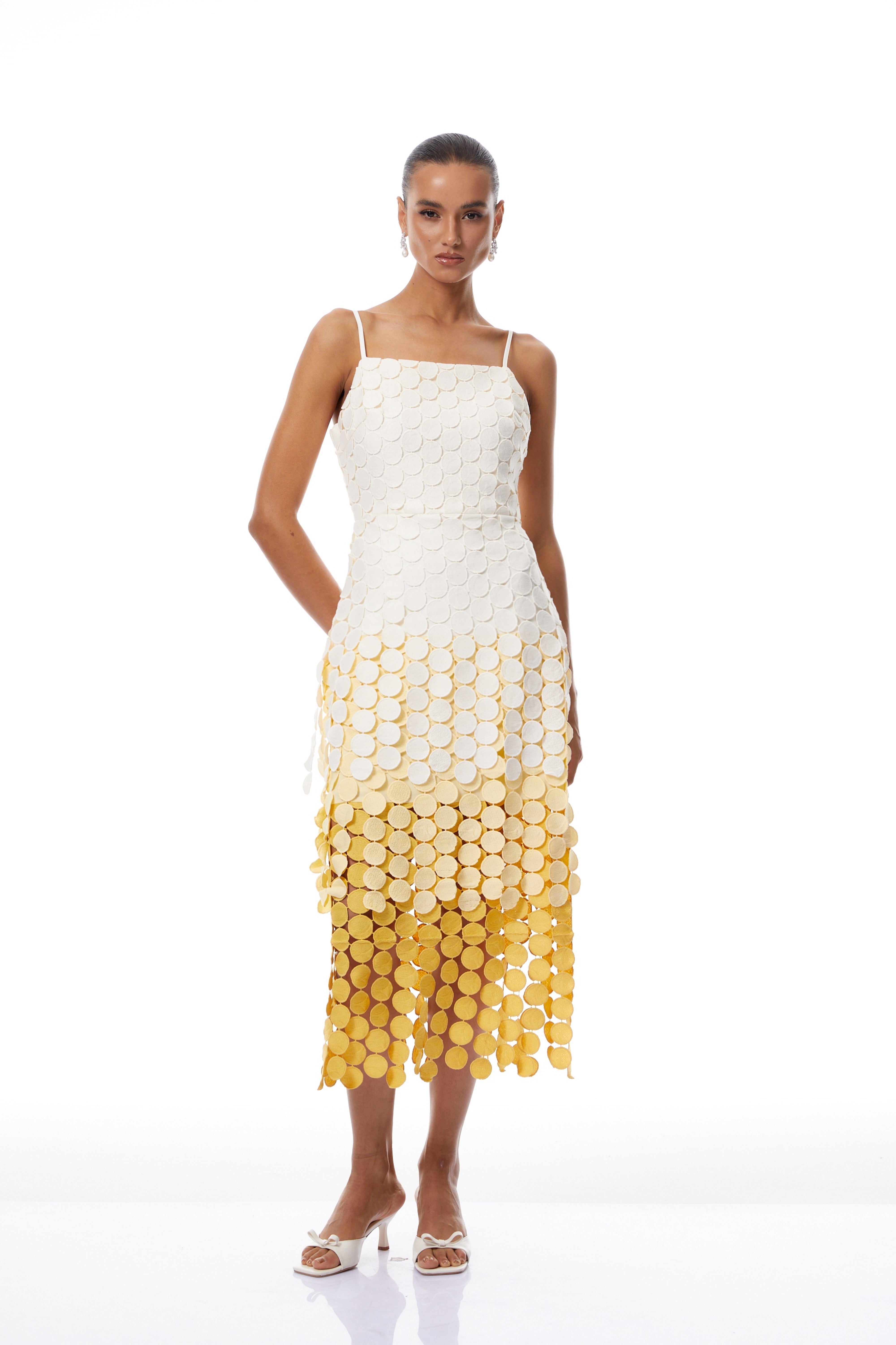 Vezzetti Yellow Embroidered-Disc Fringed Maxi Dress
