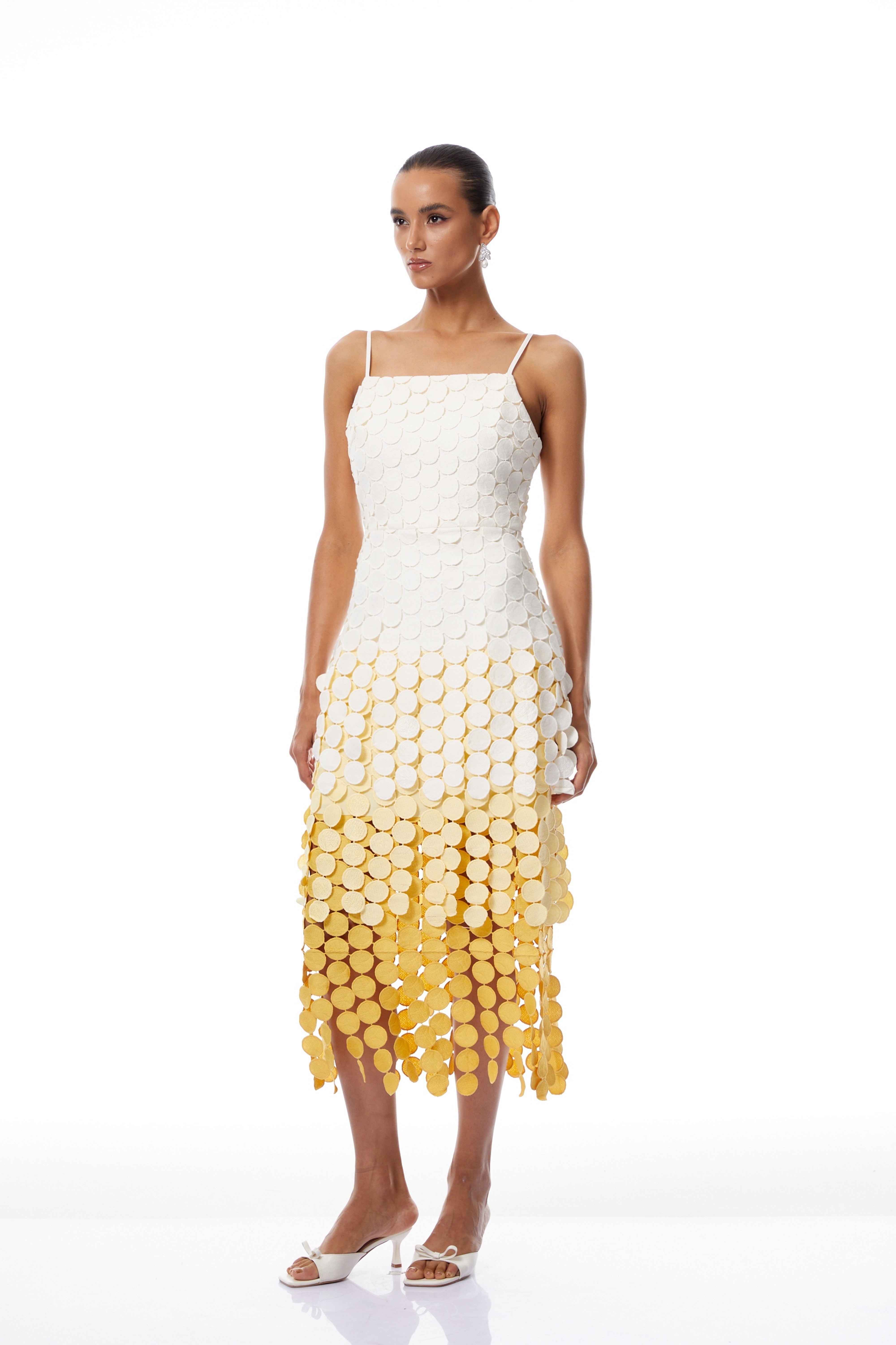 Vezzetti Yellow Embroidered-Disc Fringed Maxi Dress