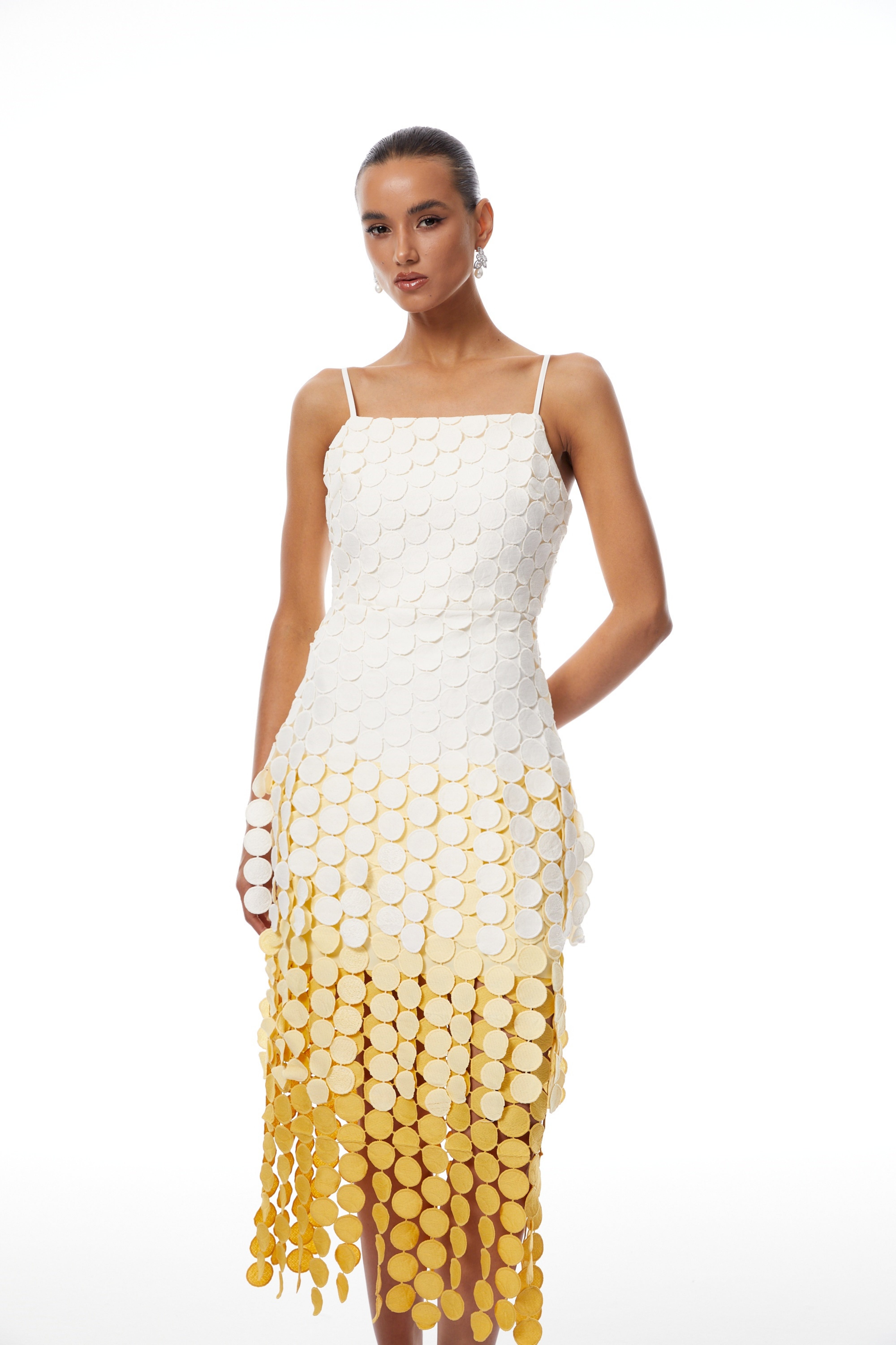 Vezzetti Yellow Embroidered-Disc Fringed Maxi Dress